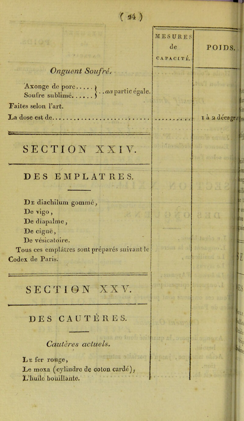 f 34 ) Onguent Soufré. Axonge do porc ) ■ . , c, , 1- . >. .artparlic eaa'.e, ooulre subume j ^  Faites selon l'art. lia dose est de MESURE, de CAPAC £ T K. SECTION XX ÏV. DES EMPL AT RES. De dlachilum gommé^ De vigo, De diapalme, De ciguë, De vésicatoire. Tous ces emplâtres sont préparés suivant le Codex de Paris. SECTION XX Y. DES CAUTÈRES. Cautères actuels. fer ronge, Le moxa (cjdindrc de coton cai'dé); L'huile bouillante.