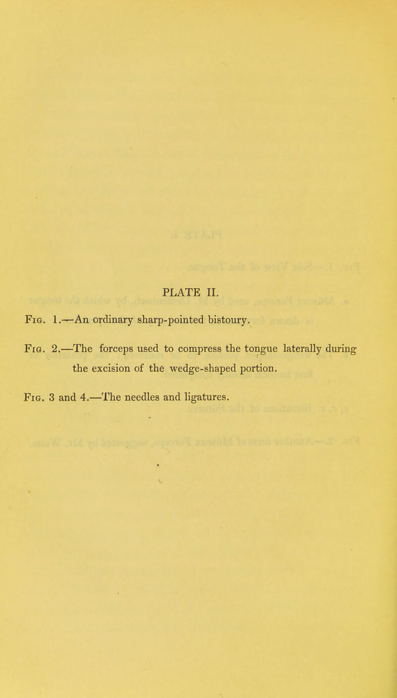 Fig. 1.-—An ordinary sharp-pointed bistoury. Fig. 2.—The forceps used to compress the tongue laterally during the excision of the wedge-shaped portion. Fig. 3 and 4.—The needles and ligatures.