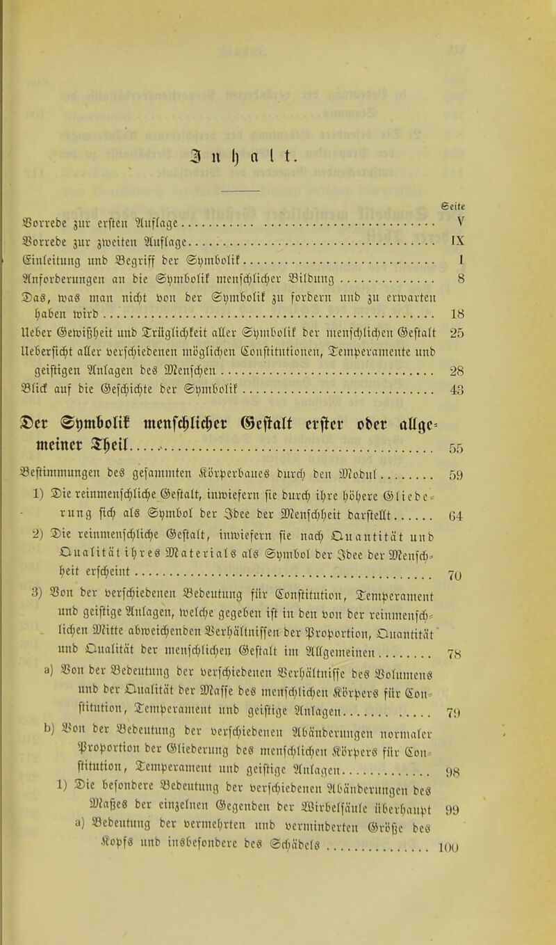 3 n I) a l t. £cite SSorrebe juv erften Stuftage V SSorrebe 3UV {Weiten ?tuftagc IX (Sinfcituug unb Segriff ber ©bmbolif I Jlnferberungcn an bic ©bmbolif mcnfd)tid)cv Sifbnng 8 2)a8, was man nid)t bon ber ©tombotif ju fovbevn unb 31t erwarten fjaben wirb 18 lieber ©ewißfyeit unb Strüglid/feit aller ©bmbotif ber inenfd;tid)cu ©eftalt 25 lteberftd)t aller betriebenen möglichen SonfUtutionen, STemtoevamente unb getfttgen Anlagen be8 Sßenfdjen 28 S3lid auf bie ©efd)id)te ber ©bmbolif 43 £>et ©tomboltf menfdtfidjet ©effctlf erffcr ober aUgc= meinet $ljeil ■ 55 Sefttmmungeu be8 gefammteu lörberbaneS burri; ben äftoiul 59 1) 2)ie reinmenfdjlicfye ©eftalt, inwiefern fie burd; ityre &%re ©liebe* rung ftd; als ©bntbot ber 3bee ber JDtenfdjtjctt barfteUt VA 2) Sie reinmenfd)lid?e ©eftalt, inwiefern fie nad) Quantität unb Dualität i£>re8 Material8 al8 ©bmbot ber Sbce ber SKeufd)» f>eit erfdjeint 7y 3) SBou ber berfd)iebeucit Sebeutung für ©onftitution, £embcrament unb geifttge Zulagen, Wefd;c gegeben ift in ben bon ber reinmenfdV liefen SDcitte abraeid;euben 33erl;äl(niffen ber ißrotoörrion, Ouantität unb Dualität ber meufcf;lid)eu ©eftalt im SltCßemetttcn 78 a) 3Son ber öebeutung ber berfdnebeuen SBerOältuiffe beS ©ofamenS unb ber Dualität ber SRaffe be8 menfd>lid;en SBrtoer« für (Eon (ritutton, Stenttoeräment unb geifttge Mutagen 79 b) SBon ber »ebeutung ber betriebenen SIbänberungeu normaler ^rotoortiou ber ©lieberung be8 mcnfrf;tid;en SörberS für (Eon ftitutiott, Sremberament unb geiftige Zulagen 98 1) Sie befonberc SBcbeutung ber betriebenen Stüa'nbetitngen beS Söioßeö ber einjelnen ©egenbeu ber Sirklfäule ÜBei^autot 99 a) SBebeutuug ber bcrme[;rten unb bcrininberten ©riSfjc bc8 Äobf« unb insbefonbere bc8 @ri)äbel8 10u