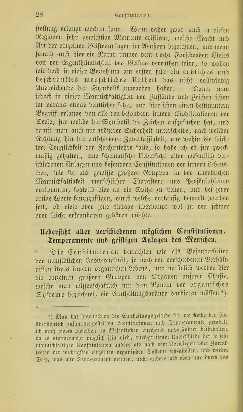 ftcUmtg erlangt toerbett faiut. SBcnn bafyer jtoar aud; in tiefen Dlcfltottctt [ct;v getoid;tige Momente c^iftire«, toeld;e sDhd;t unb 2(rt bev einzelnen ©eiftcSantagen tin' Stenfem foejet^nen, unb toenn fouad; aud) t;ter bie 9Mur immer bem red;t $orfd;euben ^ietee bon ber (5:igeutfyümlid;feit beS ©eifteö berratfyeu toirb, fo tootteu toir bod) in biefer 33e3iet;ung am erften für ein eubüd)e$ unb Befd;ränf'teg mcnfctytictye« Urtivit baS uid;t bottftanbig 2lu8reid)enbe ber ©bmBolif jugegcBen Ijaben. — iDauttt mau jebod) in biefer 3ftanuid;faltigfett ber guftäube unb 3eid>eu fd)on im borauS cttoaS beutlid)er fet)e, unb fyter fd;on einen Beftimmtcru Segriff erlange bou atte beu Befonbern iuneru 3ttobificationeu ber ©eefe, für meiere bie ©imtBolif bie ^eid;en auf3ufud;eu tjat, unb bamit man aud; mit größerer @id;er6,eit unterfcfyetbc, nad; toeld;er 9?id;tung fyin bie entfd;iebene 3nbertäffigt'ett, unb tootnn bie teid;= tcre £rüglid)feit ber 3eid;enlel;re falle, fo t)aBe id; eö für jtoed'; mäßig gehalten, eine fd;ematifd;e UeBerftdjrt atter toefentftd; ber* fdjuebenen 2Magen unb Befonbern ßonftitntiouen ber innern öeBcng-- ibee, tote fie als getoiffe größere ®rubbeu in ber uncnbttdnui 9Jiannid)faltigfeit menfd)tid;er (£I)araftere unb $crföuüd;fciten borfommen, fogtetd; Ijier au bie ©bitje ju fietten, unb Bei jeber einige Sorte fnuju^ufügeu, burd; metd;e beiläufig Bemcrft .toerben fott, oB biefe ober jene Zulage üBerfyaubt tool 31t beu fdjtocr ober teid;t erfennBaren getreu möchte. Uebetftcfrt aller öerfdnebcncn möglichen ©onftitutionen, Temperamente unb geizigen Einlagen beö SDtcnfcfjem Sie (Sonftitutiouen Bctrad;ten toir als £$efonbcrl)citeu ber menfd)Iid;en Snbibibuatität, ie nad; beu rerfd)icbeuen äßerljäft* niffen ifyreö innern organifd;eu SeBenö, unb uatürlid; toerbeu tner bie einzelnen größern ®rubbeu bou Organen unferer Sß^fi«, toetd;e man toiffenfcfyafttid; mit bem tarnen ber orgautfcBcn @latente bejeidjnet, bie ©nttyetfungSgrünbe barBieteu muffen*): -»— *) SKan tiat luer unb ba bte (Shtttyettnngsejriinbc für bte töeilje bei- l>ier iibcrfufytM; jufammengefiettten eonfHtutionen unb £ent|>erameitte getobett, \d) muß jebod; bicfclbcn im 2BefcntItd/cn bnrd>auö nntxrä'nbert beibehalten, ba es nimmermehr mö'gtid; fein wirb, brtre^gretfertbc Unterfötebe ber fofeb> mannid;faüta.en (Sonftttiittöiten anbevS als nad; bem SjoWtegen ober Smiirt treten ber h.nrf;ttgftcn ctttjctncit ora,antfd;en @t;fteme fcftjttjteHeii, ttttb »fcbet 2>a8, ivaS nur £em)>etttment nennen, ntdjt RttbWfl alö eben nur bnrd) baö