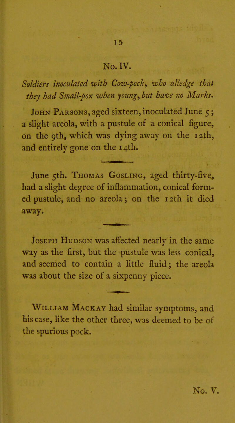 No. IV. Soldiers inoculated with Cow-pock^ who alledge that they had Small-pox when youngs but hatje no Marks. John Parsons, aged sixteen, inoculated June 5; a slight areola, with a pustule of a conical figure, on the 9th, which was dying away on the 12th, and entirely gone on the 14th. June 5th. Thomas Gosling, aged thirty-five, had a slight degree of inflammation, conical form- ed pustule, and no areola; on the 12th it died away, Joseph Hudson was affected nearly in the same way as the first, but the pustule was less conical, and seemed to contain a little fluid; the areola was about the size of a sixpenny piece. William Mackay had similar symptoms, and his case, like the other three, was deemed to be of the spurious pock.