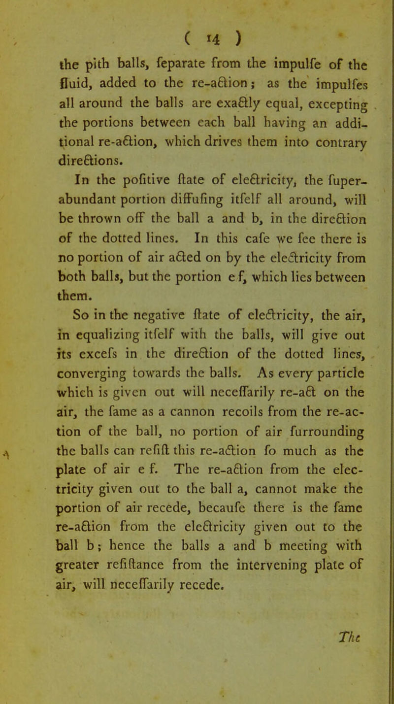 the pith balls, feparate from the impulfe of the fluid, added to the re-a£lion; as the impulfes all around the balls are exaftly equal, excepting the portions between each ball having an addi- tional re-adlion, which drives them into contrary direftions. In the pofitive ftate of eleftricity, the fuper- abundant portion diffufing itfelf all around, will be thrown off the ball a and b, in the direftion of the dotted lines. In this cafe we fee there is no portion of air aded on by the eledricity from both balls, but the portion e f, which lies between them. So in the negative ftate of eleflricity, the air, in equalizing itfelf with the balls, will give out its excefs in the direQion of the dotted lines, converging towards the balls. As every particle which is given out will neceffarily re-aQ; on the air, the fame as a cannon recoils from the re-ac- tion of the ball, no portion of air furrounding the balls can refift this re-adlion fo much as the plate of air e f. The re-a6lion from the elec- tricity given out to the ball a, cannot make the portion of air recede, becaufe there is the fame re-a£lion from the eleftricity given out to the ball b; hence the balls a and b meeting with greater refiftance from the intervening plate of air, will necelTarily recede.