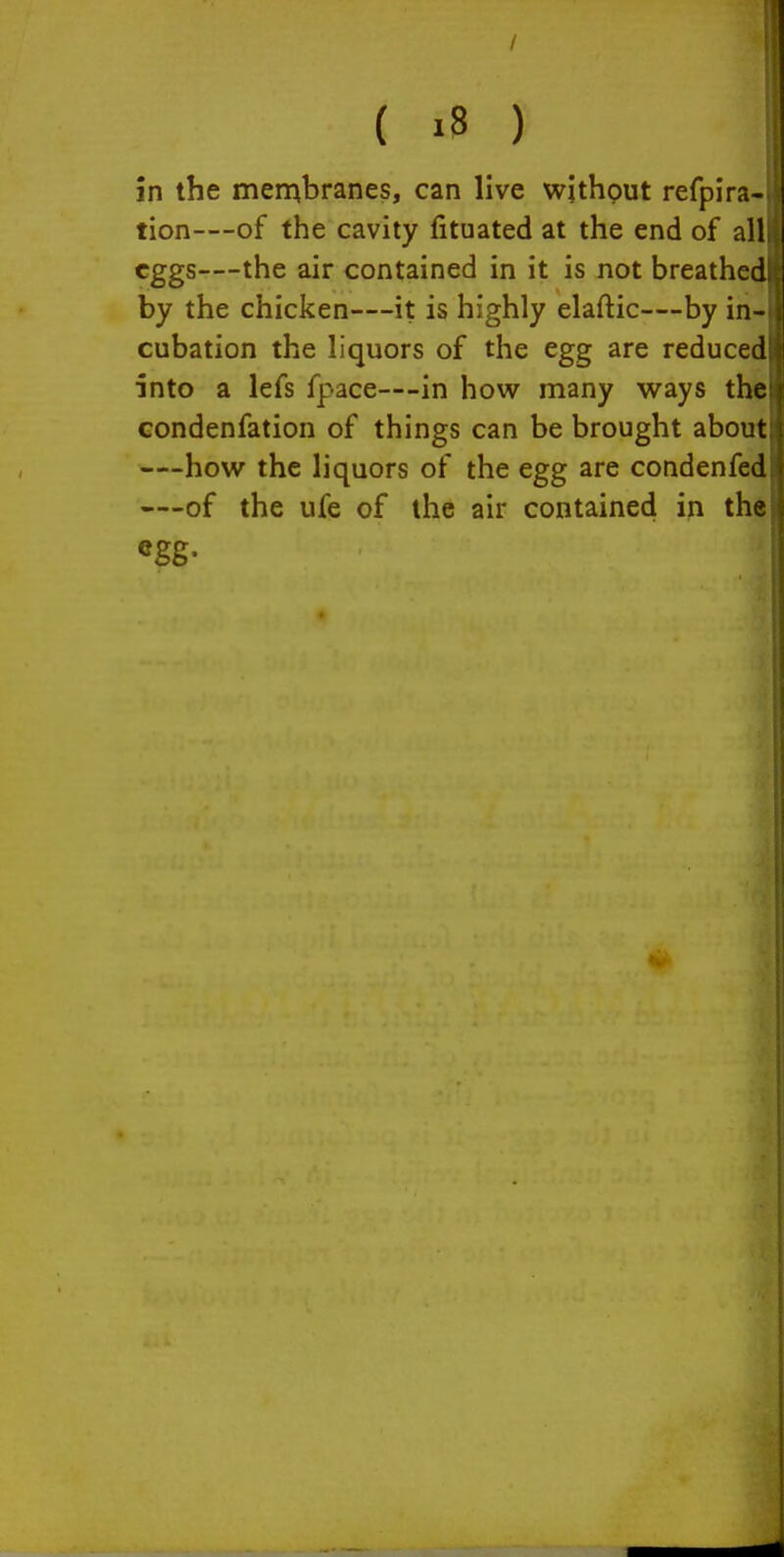 in the membranes, can live without refpira- tion—of the cavity fituated at the end of all eggs—the air contained in it is not breathed by the chicken—it is highly elaftic—by in cubation the liquors of the egg are reduced into a lefs fpace—in how many ways the condenfation of things can be brought about —how the liquors of the egg are condenfed —of the ufe of the air contained in the