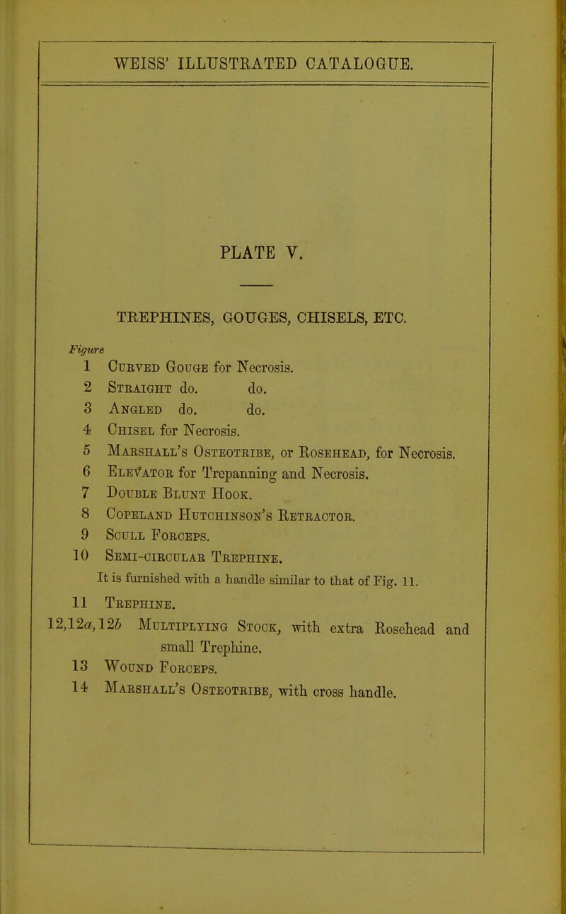 PLATE V. TREPHINES, GOUGES, CHISELS, ETC. Figure 1 Curved Gouge for Necrosis. 2 Straight do. do. 3 Angled do. do. 4 Chisel for Necrosis. 5 Marshall's Osteotribe, or Rosehead, for Necrosis. 6 Elevator for Trepanning and Necrosis. 7 Double Blunt Hook. 8 Copeland Hutchinson's Retractor. 9 Scull Forceps. 10 Semi-circular Trephine. It is furnished with a handle similar to that of Fig. 11. 11 Trephine. 12,12a, 126 Multiplying Stock, with extra Rosehead and small Trephine. 13 Wound Forceps.