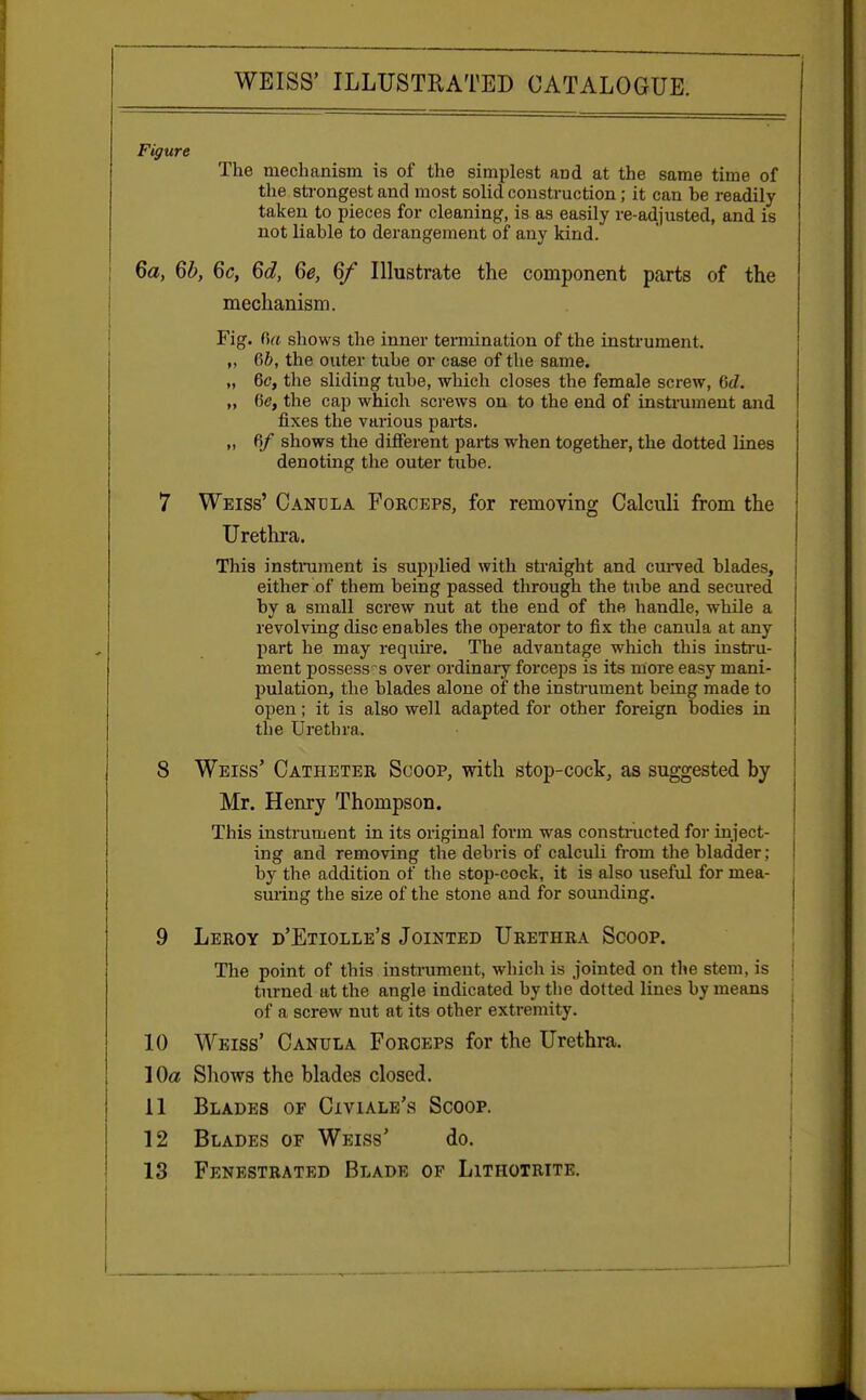 Figure The mechanism is of the simplest and at the same time of the strongest and most solid construction; it can be readily taken to pieces for cleaning, is as easily re-adjusted, and is not liable to derangement of any kind. 6a, 6b, 6c, 6d, 6e, 6f Illustrate the component parts of the mechanism. Fig. Cut shows the inner termination of the instrument. ,, 66, the outer tube or case of the same. „ 6c, the sliding tube, which closes the female screw, (jd. „ fie, the cap which screws on to the end of instrument and fixes the various parts. „ 6/ shows the different parts when together, the dotted lines denoting the outer tube. 7 Weiss' Canula Forceps, for removing Calculi from the Urethra. This instrument is supplied with straight and curved blades, either of them being passed tlirough the tube and secured by a small screw nut at the end of the handle, while a revolving disc enables the operator to fix the canula at any part he may require. The advantage which this instru- ment possesses over ordinary forceps is its more easy mani- pulation, the blades alone of the instrument being made to open; it is also well adapted for other foreign bodies in the Urethra. 8 Weiss' Catheter Scoop, with stop-cock, as suggested by- Mr. Henry Thompson. This instrument in its original form was constructed for inject- ing and removing the debris of calculi from the bladder ; by the addition of the stop-cock, it is also useful for mea- j suring the size of the stone and for sounding. 9 Leroy d'Etiolle's Jointed Urethra Scoop. The point of this instrument, which is jointed on the stem, is turned at the angle indicated by the dotted lines by means of a screw nut at its other extremity. 10 Weiss' Canula Forceps for the Urethra. 10# Shows the blades closed. 11 Blades of Civiale's Scoop. 12 Blades of Weiss' do. 13 Fenestrated Blade of Lithotrite.