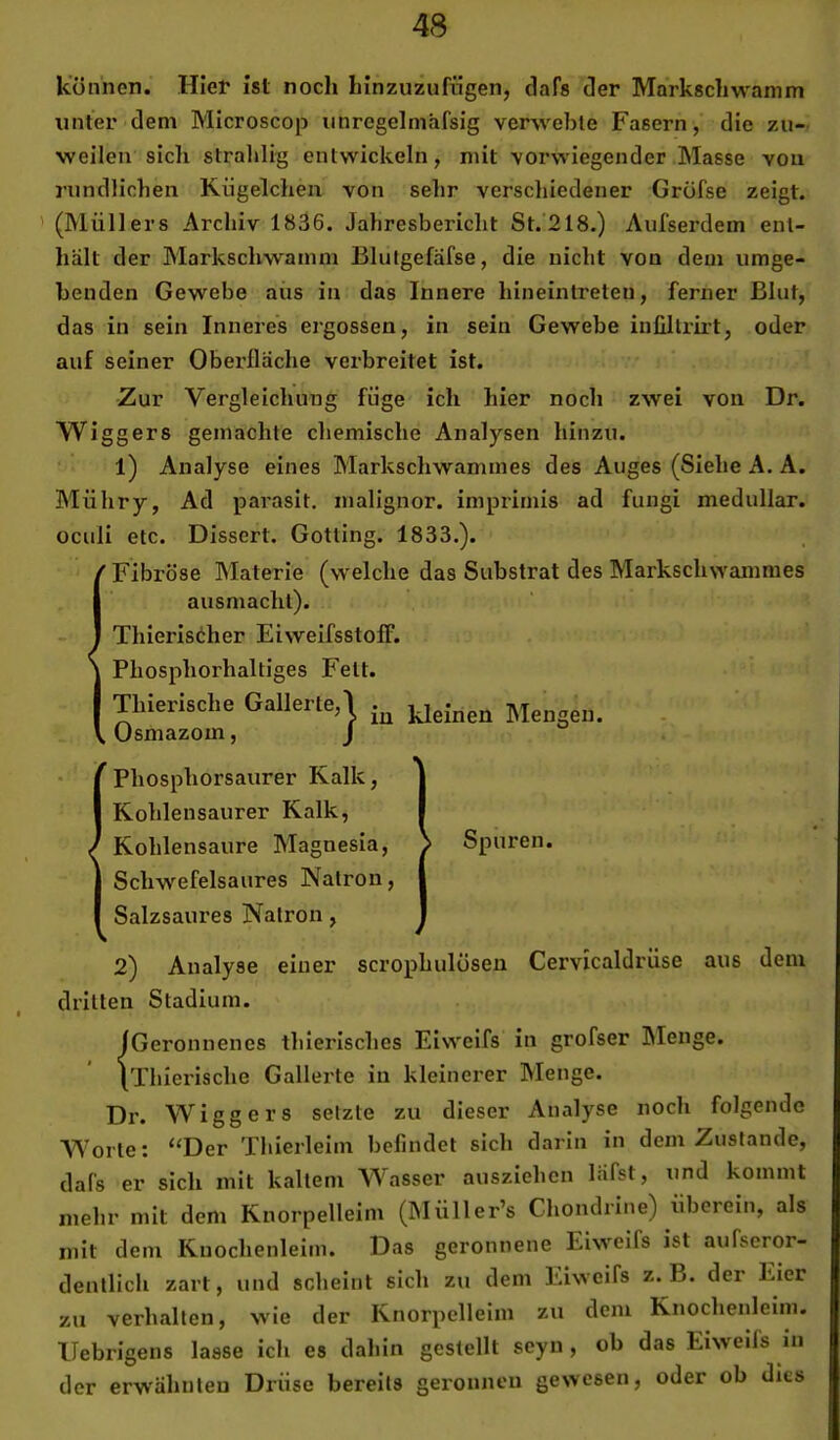 können. Hier ist noch hlnzuzufügen, dafs der Markschwamm unter dem Microscop unregelmhfsig verwebte Fasern, die zu- weilen sich stralilig entwickeln, mit vorwiegender Masse von rundlichen Kügelchen von selir verschiedener Gröfse zeigt. ' (Müllers Archiv 1836. Jahresbericht St. 218.) Aufserdem ent- halt der Markschwamm Blutgefäfse, die nicht von dem umge- benden Gewebe aus in das Innere hineintreteu, ferner Blut, das in sein Inneres ergossen, in sein Gewebe infillrirt, oder auf seiner Obexdlache verbreitet ist. Zur Vergleichung füge ich hier noch zwei von Dr. Wiggers gemachte chemische Analysen hinzu. 1) Analyse eines Markschwammes des Auges (Siehe A. A. Mühry, Ad parasit. malignor. imprirnis ad fungi medullär, oculi etc. Dissert. Gotting. 1833.). Fibröse Materie (welche das Substrat des Markschwammes ausmachl). Thierisdier EiweifsstofF. Phosphorhaltiges Fett. Thierische Gallerte,! Mengen, ijsrnäzoin ^ j Phosphorsaurer Kalk, Kohlensaurer Kalk, Kohlensäure Magnesia, Schwefelsaures Natron, Salzsaures Natron, 2) Analyse einer scrophulösen Cervicaldrüse aus dem dritten Stadium. Geronnenes thierlsches Eiweifs in grofser ÜMenge. Thierische Gallerte in kleinerer Menge. Dr. Wiggers setzte zu dieser Analyse noch folgende Worte: ‘‘Der Thierleim befindet sich darin in dem Zustande, dafs er sich mit kaltem Wasser auszielien liifst, und kommt mehr mit dem Knorpelleim (Müller’s Chondrine) überein, als mit dem Knochenleim. Das geronnene Eiweifs ist aufseror- dentlich zart, und scheint sich zu dem Eiweifs z. B. der Eier zu verhalten, wie der Knorpelleim zu dem Knochenleim. Xlebrigens lasse ich es dahin gestellt seyu , ob das Eiweifs in der erwähnten Drüse bereits geronnen gewesen, oder ob dies