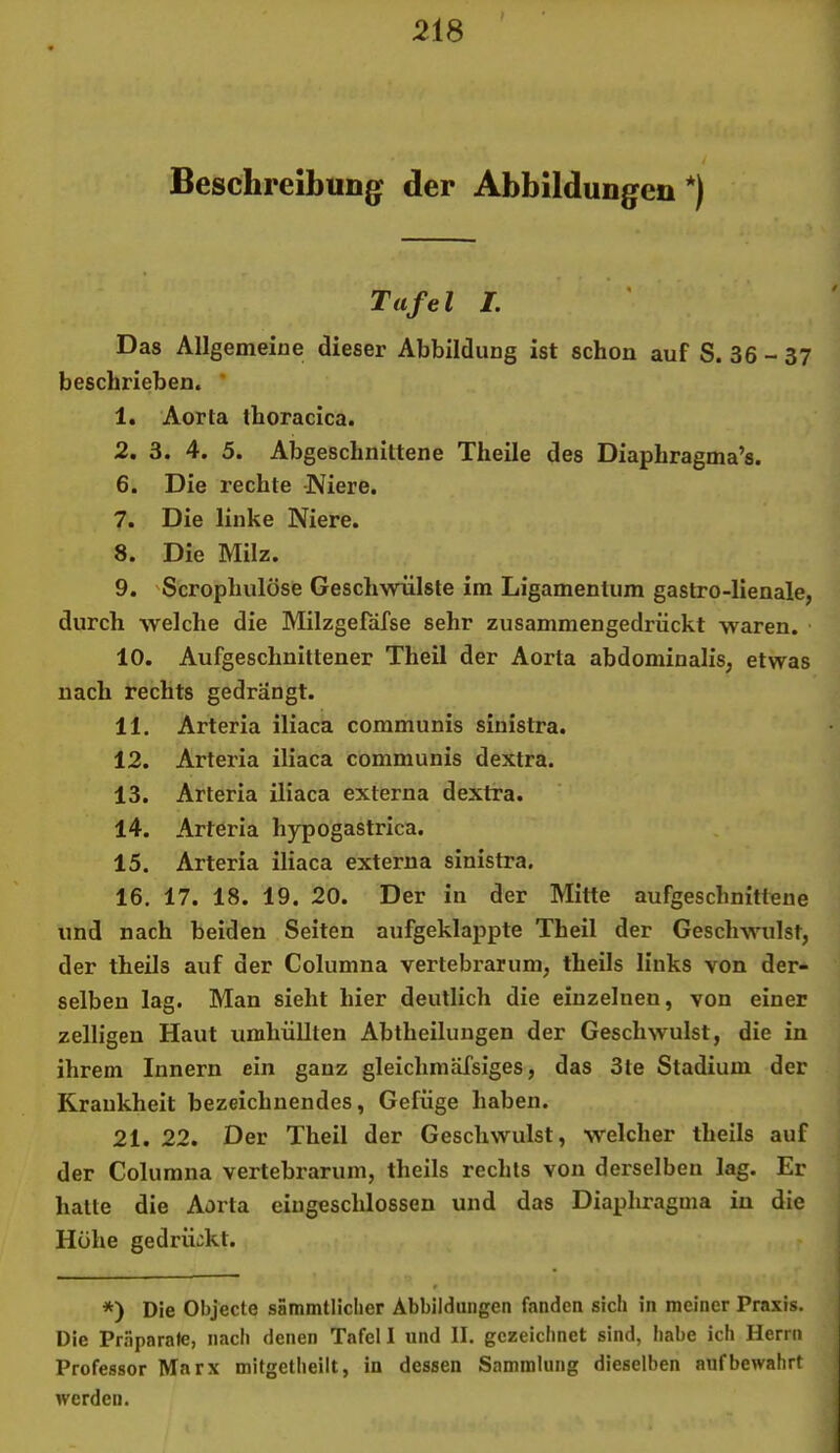 I 1 Beschreibung^ der Abbildungen *) Tafel L Das Allgemeine dieser Abbildung ist schon auf S. 36 - 37 beschrieben. * 1. Aorta thoracica. 2. 3. 4. 5. Abgeschnittene Theile des Diaphragma’s. 6. Die i’echte Niere, 7. Die linke Niere. 8. Die Milz. 9. 'Scrophulöse Geschwülste im Ligamentum gastro-llenale, durch welche die Milzgefäfse sehr zusammengedrückt waren. 10. Aufgeschnittener Theil der Aorta abdominalis, etwas nach rechts gedrängt. 11. Arteria iliaca communis sinistra. 12. Arteria iliaca communis dextra. 13. Arteria iliaca externa dextra. 14. Arteria hypogastrica. 15. Arteria iliaca externa sinistra. 16. 17. 18. 19. 20. Der in der Mitte aufgeschnitlene und nach beiden Seiten aufgeklappte Theil der Geschwulst, der theils auf der Columna vertebrarum, theils links von der- selben lag. Man sieht hier deutlich die einzelnen, von einer zelligen Haut umhüllten Abtheilungen der Geschwulst, die in ihrem Innern ein ganz gleichmäfsiges, das 3te Stadium der Krankheit bezeichnendes, Gefüge haben. 21. 22. Der Theil der Geschwulst, welcher theils auf der Columna vertebrarum, theils rechts von derselben lag. Er hatte die Aorta eiugeschlossen und das Diaphragma in die Hübe gedrückt. *) Die Objecte sammtliclier Abbildungen fanden sich in meiner Praxis. Die Pr.äparate, nach denen Tafel I und II. gezeichnet sind, habe ich Herrn Professor Marx mitgetheilt, in dessen Sammlung dieselben auf bewahrt werden.