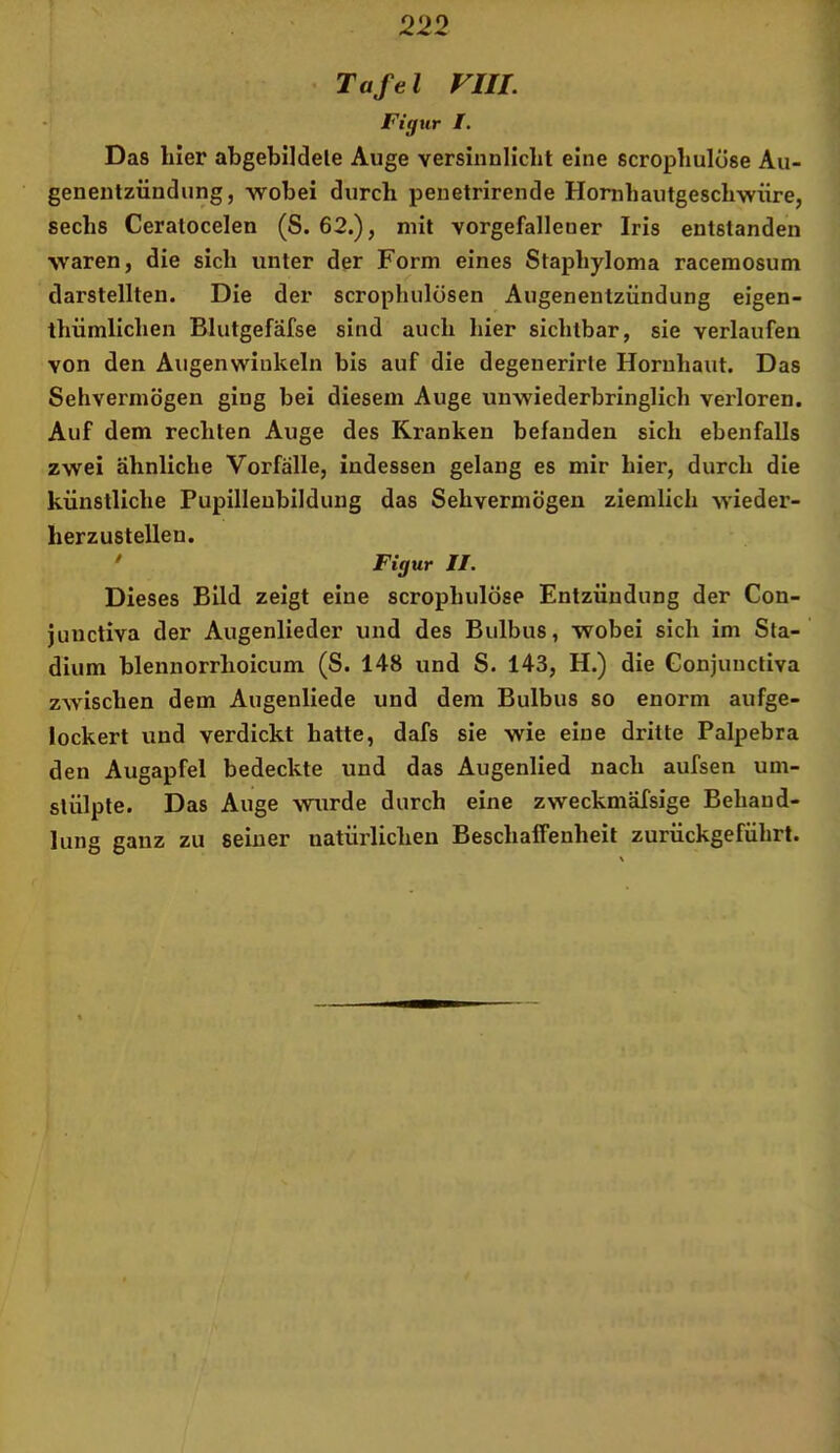 Tafel VIIL Figur /. Das Iller abgebildele Auge versinnlicbt eine scropbulüse Au- genentzündung, wobei durch penetrirende Hombautgeschwüre, sechs Ceralocelen (S. 62.), mit vorgefallener Iris entstanden waren, die sich unter der Form eines Staphyloma racemosum darstellten. Die der scrophulosen Augenentzündung eigen- thümllchen Blutgefäfse sind auch hier sichtbar, sie verlaufen von den Augenwinkeln bis auf die degenerirte Hornhaut. Das Sehvermögen ging bei diesem Auge unwiederbringlich verloren. Auf dem rechten Auge des Kranken befanden sich ebenfalls zwei ähnliche Vorfälle, indessen gelang es mir hier, durch die künstliche Pupilleubildung das Sehvermögen ziemlich wieder- herzustellen. * Figur II. Dieses Bild zeigt eine scrophulöse Entzündung der Con- junctiva der Augenlieder und des Bulbus, wobei sich im Sta- dium blennorrhoicum (S. 148 und S. 143, H.) die Gonjunctiva zwischen dem Augenliede und dem Bulbus so enorm aufge- lockert und verdickt hatte, dafs sie wie eine dritte Palpebra den Augapfel bedeckte und das Augenlied nach aufsen um- stülpte. Das Auge wurde durch eine zweckmäfsige Behand- lung ganz zu seiner natürlichen Beschaffenheit zurückgeführt.