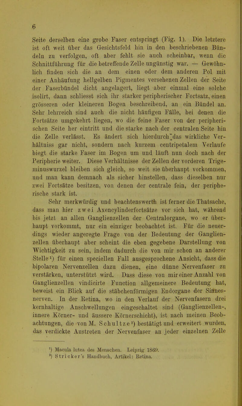Seite derselben eine grobe Faser entspringt (Fig. 1). Die letztere ist oft weit über das Gesichtsfeld hin in den beschriebenen Bün- deln zu verfolgen, oft aber fehlt sie auch scheinbar, wenn die Schnittführung für die betreffende Zelle ungünstig war. — Gewöhn- lich finden sich die an dem einen oder dem anderen Pol mit einer Anhäufung hellgelben Pigmentes versehenen Zellen der Seite der Faserbündel dicht angelagert, liegt aber einmal eine solche isolirt, dann schliesst sich ihr starker peripherischer Fortsatz, einen grösseren oder kleineren Bogen beschreibend, an ein Bündel an. Sehr lehrreich sind auch die nicht häufigen Fälle, bei denen die Fortsätze umgekehrt liegen, wo die feine Faser von der peripheri- schen Seite her eintritt und die starke nach der centralen Seite hin die Zelle verlässt. Es ändert sich hierdurch'das wirkliche Ver- hältniss gar nicht, sondern nach kurzem centripetalem Verlaufe biegt die starke Faser im Bogen um und läuft nun doch nach der Peripherie weiter. Diese Verhältnisse der Zellen der vorderen Trige- minuswurzel bleiben sich gleich, so weit sie überhaupt vorkommen, und man kann demnach als sicher hinstellen, dass dieselben nur zwei Fortsätze besitzen, von denen der centrale fein, der periphe- rische stark ist. Sehr merkwürdig und beachtenswerte ist ferner die Thatsache, dass man hier zwei Axencylinderfortsätze vor sich hat, während bis jetzt an allen Ganglienzellen der Centraiorgane, wo er über- haupt vorkommt, nur ein einziger beobachtet ist. Für die neuer- dings wieder angeregte Frage von der Bedeutung der Ganglien- zellen überhaupt aber scheint die eben gegebene Darstellung von Wichtigkeit zu sein, indem dadurch die von mir schon an anderer Stelle*) für einen speciellen Fall ausgesprochene Ansicht, dass die bipolaren Nervenzellen dazu dienen, eine dünne Nervenfaser zu verstärken, unterstützt wird. Dass diese von mir einer Anzahl von Ganglienzellen vindicirte Function allgemeinere Bedeutung hat, beweist ein Blick auf die stäbchenförmigen Bndorgane der Sinnes- nerven. In der Ketina, wo in den Verlauf der Nervenfasern drei kernhaltige Anschwellungen eingeschaltet sind (Ganglienzellen-, innere Körner- und äussere Körnerschicht), ist nach meinen Beob- achtungen, dievonM. Schultze2) bestätigt und erweitert wurdeu, das verdickte Austreten der Nervenfaser an jeder einzelnen Zelle ') Macula lutea des Menschen. Leipzig 1869. 2) Strickor's Handbuch, Artikel: Eetina.