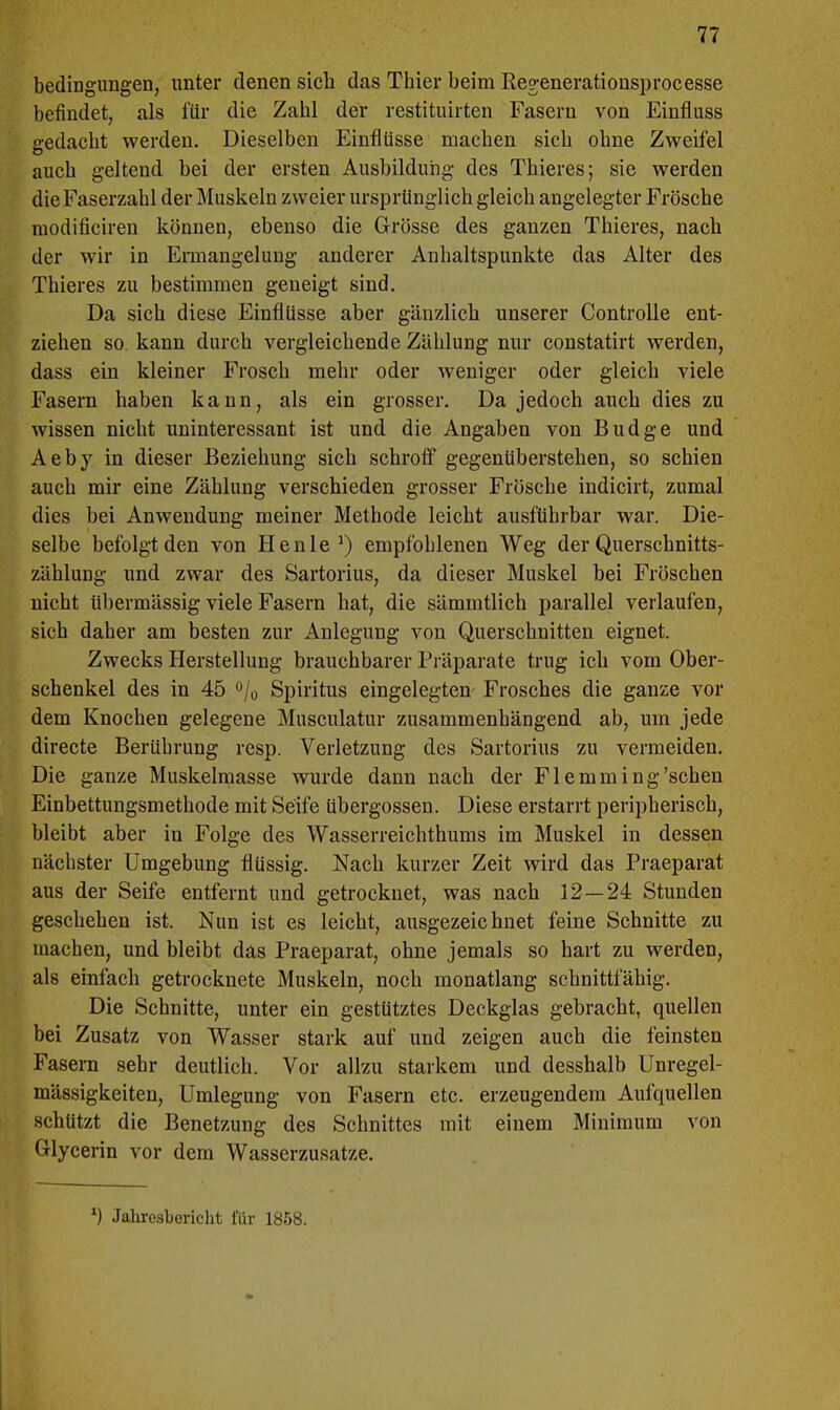 bedingungen, unter denen sieb, das Thier beim Regenerationsprocesse befindet, als für die Zahl der restituirten Fasern von Einfluss gedacht werden. Dieselben Einflüsse machen sich ohne Zweifel auch geltend bei der ersten Ausbildung des Thieres; sie werden die Faserzahl der Muskeln zweier ursprünglich gleich angelegter Frösche modificiren können, ebenso die Grösse des ganzen Thieres, nach der wir in Ermangelung anderer Anhaltspunkte das Alter des Thieres zu bestimmen geneigt sind. Da sich diese Einflüsse aber gänzlich unserer Controlle ent- ziehen so kann durch vergleichende Zählung nur constatirt werden, dass ein kleiner Frosch mehr oder weniger oder gleich viele Fasern haben kann, als ein grosser. Da jedoch auch dies zu wissen nicht uninteressant ist und die Angaben von Budge und Aeby in dieser Beziehung sich schroff gegenüberstehen, so schien auch mir eine Zählung verschieden grosser Frösche indicirt, zumal dies bei Anwendung meiner Methode leicht ausführbar war. Die- selbe befolgt den von Henle J) empfohlenen Weg der Querschnitts- zählung und zwar des Sartorius, da dieser Muskel bei Fröschen nicht übermässig viele Fasern hat, die sämmtlich parallel verlaufen, sich daher am besten zur Anlegung von Querschnitten eignet. Zwecks Herstellung brauchbarer Präparate trug ich vom Ober- schenkel des in 45 °/0 Spiritus eingelegten Frosches die ganze vor dem Knochen gelegene Musculatur zusammenhängend ab, um jede directe Berührung resp. Verletzung des Sartorius zu vermeiden. Die ganze Muskelmasse wurde dann nach der Flemming'schen Einbettungsmethode mit Seife übergössen. Diese erstarrt peripherisch, bleibt aber in Folge des Wasserreichthums im Muskel in dessen nächster Umgebung flüssig. Nach kurzer Zeit wird das Praeparat aus der Seife entfernt und getrocknet, was nach 12—24 Stunden geschehen ist. Nun ist es leicht, ausgezeichnet feine Schnitte zu machen, und bleibt das Praeparat, ohne jemals so hart zu werden, als einfach getrocknete Muskeln, noch monatlang schnittfähig. Die Schnitte, unter ein gestütztes Deckglas gebracht, quellen bei Zusatz von Wasser stark auf und zeigen auch die feinsten Fasern sehr deutlich. Vor allzu starkem und desshalb Unregel- mässigkeiten, Umlegung von Fasern etc. erzeugendem Aufquellen schützt die Benetzung des Schnittes mit einem Minimum von Glycerin vor dem Wasserzusatze. *) Jahresbericht für 1858.