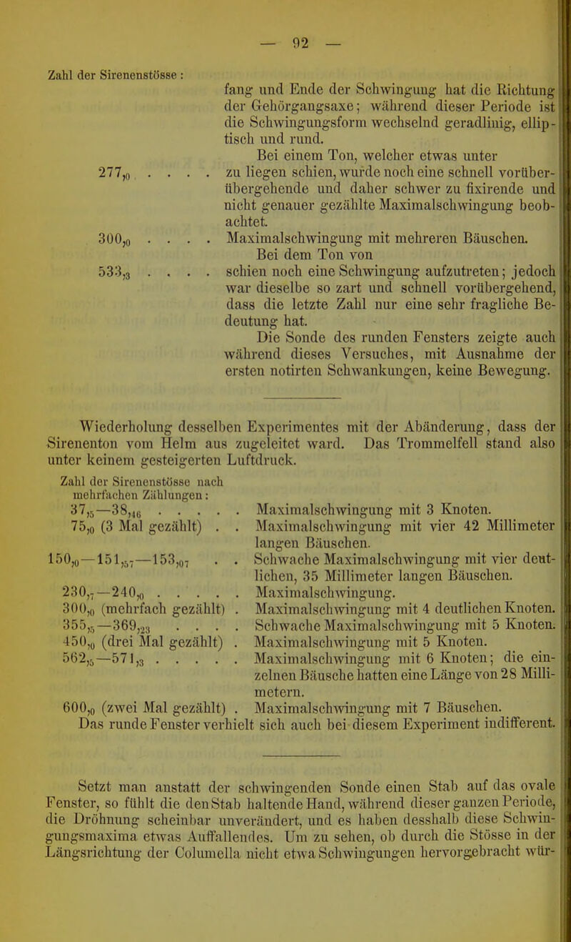 Zahl der Sirenenstösse: fang und Ende der Schwingung hat die Richtung der Gehörgangsaxe; während dieser Periode ist die Schwingungsform wechselnd geradlinig, ellip- tisch und rund. Bei einem Ton, welcher etwas unter 277.0 .... zu liegen schien, wurde noch eine schnell voriiher- libergehende und daher schwer zu fixirende und nicht genauer gezählte Maxiraalschwingung beob- achtet. 300.0 .... Maximalschwingung mit mehreren Bäuschen. Bei dem Ton von 533,3 . . . . schien noch eine Schwingung aufzutreten; jedoch war dieselbe so zart und schnell vorübergehend, dass die letzte Zahl nur eine sehr fragliche Be- deutung hat. Die Sonde des runden Fensters zeigte auch während dieses Versuches, mit Ausnahme der ersten notirten Schwankungen, keine Bewegung. Wiederholung desselben Experimentes mit der Abänderung, dass der Sirenenton vom Helm aus zugcleitet ward. Das Trommelfell stand also unter keinem gesteigerten Luftdruck. Zahl der Sirenenstösse nach mehrfachen Zählungen: 37,5 38,46 .... 75,0 (3 Mal gezählt) . 150,0-151,5,-153,07 . 230,7 — 240,0 .... 300.0 (mehrfach gezählt) 3 5 5,5 — 3 69,23 . . . 450.0 (di’ci Mal gezählt) 502,5 571,3 .... Maximalschwingung mit 3 Maximalschwingung langen Bäuschen. mit Knoten. vier 42 Millimeter Schwache Maximalschwingung mit vier deut- lichen, 35 Millimeter langen Bäuschen. Maximalschwingung. Maximalschwingung mit 4 deutlichen Knoten. Schwache Maximalschwingung mit 5 Knoten. Maximalschwingung mit 5 Knoten. Maximalschwingung mit 6 Knoten; die ein- zelnen Bäusche hatten eine Länge von 28 Milli- metern. MaximalschAvingung mit 7 Bäuschen. Das runde Fenster verhielt sich auch bei diesem Experiment indifferent. 600,o (zwei Mal gezählt) Setzt man anstatt der schwingenden Sonde einen Stab auf das ovale ; Fenster, so fühlt die den Stab haltende Hand, während dieser ganzen Periode, die Dröhnung scheinbar unverändert, und es haben desshalb diese Schwin- gungsmaxima etwas Auffallendes. Um zu sehen, ob durch die Stösse in der Längsrichtung der Columella nicht eUva Schwingungen hervorgebracht wfü'-