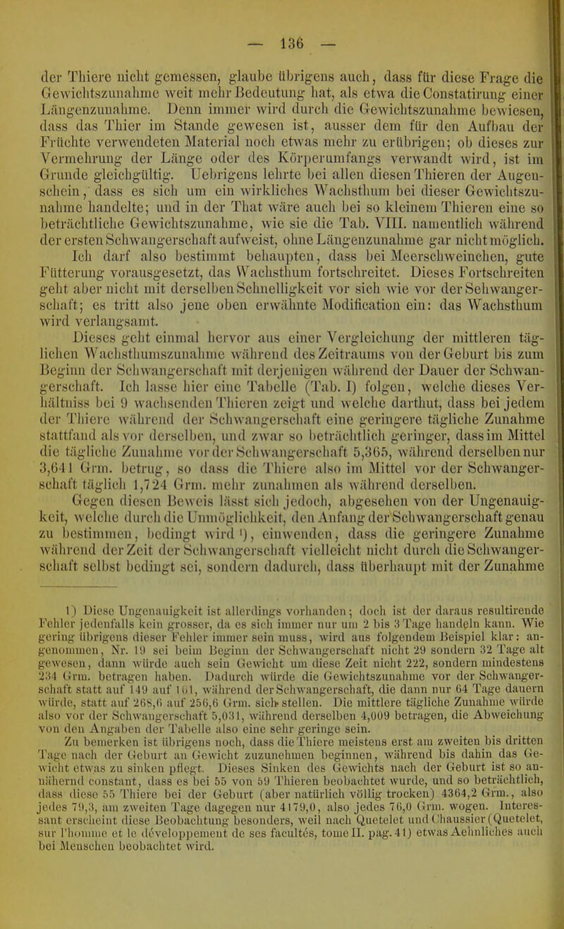 der Tliiere iiiclit gemessen, glaube übrigens auch, dass für diese Frage die Gewichtszunabrne weit mehr Bedeutung hat, als etwa die Constatirung einer I^äugenzuuahrne. Denn immer wird durch die Gewichtszunahme bewiesen, dass das Thier im Stande gewesen ist, ausser dem für den Aufbau der Früchte verwendeten Material noch etwas mehr zu erübrigen; ob dieses zur Vermehrung der Länge oder des Körj)erumfangs verwandt wird, ist im Grunde gleichgültig. Uebrigeus lehrte bei allen diesen Thieren der Augen- schein , dass es sich um ein wirkliches Wachsthum bei dieser Gewichtszu- nahme handelte; und in der That wäre auch bei so kleinem Thieren eine so beträchtliche Gewichtszunahme, wie sie die Tab. VIII. uamentlich während der ersten Schwangerschaft aufweist, ohne Längenzunahme gar nicht möglich. Ich darf also bestimmt behau])ten, dass bei IMeerschweinchen, gute Fütterung vorausgesetzt, das Wachsthum fortschreitet. Dieses Fortschreiten geht aber nicht mit derselben Schnelligkeit vor sich wie vor der Schwanger- schaft; es tritt also jene oben erwähnte Modification ein: das Wachsthum wird verlangsamt. Dieses geht einmal hervor aus einer Vergleichung der mittleren täg- lichen Wachsthumszunahme während des Zeitraums von der Geburt bis zum Beginn der Schwangerschaft mit derjenigen während der Dauer der Schwan- gerschaft. Ich lasse hier eine Tal)elle (Tab. I) folgen, welche dieses Ver- hältniss bei 9 wachsenden Thieren zeigt und welche darthut, dass bei jedem der Thiei-e während der Schwangerschaft eine geringere tägliche Zunahme stattfand als vor derselben, und zwar so beträchtlich geringer, dass im Mittel die tägliche Zunahme vor der Schwangerschaft 5,365, während derselben nur 3,6-11 Grm. Ijctrug, so dass die Tliiere also im Mittel vor der Schwanger- schaft täglich 1,724 Grm. mehr Zunahmen als während derselben. Gegen diesen Beweis lässt sich jedoch, abgesehen von der Ungenauig- keit, welche durch die Unmöglichkeit, den Anfang der Schwangerschaft genau zu bestimmen, bedingt wird'), einwenden, dass die geringere Zunahme während der Zeit der Schwangerschaft vielleicht nicht durch die Schwanger- schaft selbst bedingt sei, sondern dadurch, dass überhaupt mit der Zunahme 1) Diese Ungeniuiigkeit ist allerclings vorhanden ; docli ist der daraus resultirende Fehler jedenfalls kein grosser, da es sich immer nur um 2 bis 3 Tage handeln kann. Wie gering übrigens dieser Fehler immer sein muss, wird aus folgendem Beispiel klar: an- genommen, Nr. U) sei beim Beginn der Schwangerschaft nicht 29 sondern 32 Tage alt gewesen, dann würde auch sein Gewicht um diese Zeit nicht 222, sondern mindestens 234 Gnu. betragen haben. Dadurch würde die Gewichtszunahme vor der Schwanger- schaft statt auf 149 auf l()l, während der Schwangerschaft, die dann nur 64 Tage dauern würde, statt auf 26S,(> auf 256,6 Grm. sieh stellen. Die mittlere tägliche Zunahme würde also vor der Schwangerschaft 5,031, während derselben 4,009 betragen, die Abweichung von den Angaben der Tabelle also eine sehr geringe sein. Zu bemerken ist übrigens noch, dass die Tliiere meistens erst am zweiten bis dritten Tage nach der Geburt an Clewicht zuzunehmeu beginnen, während bis dahin das Ge- wicht etwas zu sinken pflegt. Dieses Sinken des Gewichts nach der Geburt ist so an- nähernd constant, dass es bei 55 von 59 Thieren beobachtet wurde, und so beträchtlich, dass diese 55 Tliiere bei der Geburt (aber natürlich völlig trocken) 4364,2 Grm., also jedes 79,3, am zweiten Tage dagegen nur 4179,0, also jedes 76,0 Grm. wogen. Interes- sant erscheint diese Beobachtung besonders, weil nach Quetelet undGliaussier (Quetelet, sur riiommc et le (UWeloppemeiit de ses faeultes, tomell. pag. 41) etwas Aehnliches auch bei Menschen beobachtet wird.