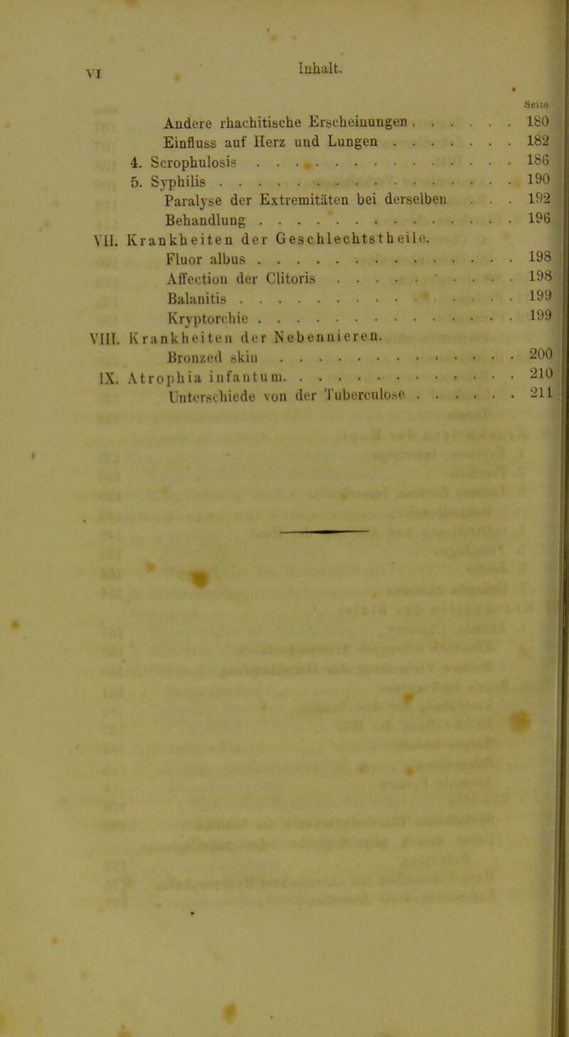 i Seile Andere rhachitische Erscheinungen 180: Einfluss auf Herz und Lungen 182 4. Scrophulosis ...» 186 5. Syphilis **.«ü»<'* 190 Paralyse der Extremitäten bei derselben . . . 192J Behandlung .... * 196 VII. Krankheiten der Geschlechtsth eile. Fluor albus 198 Affectiou der Clitoris .... 1981 Balanitis *• • • 199] Kryptorchie 199 VIII. Krankheiten der Nebenuieren. Brouzed skiu 200 IX. Atrophia infantum 210! Unterschiede von der Tubercnlose 211