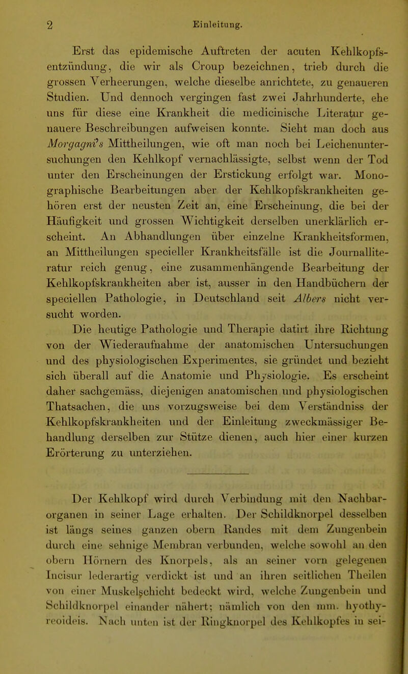 Erst das epidemische Auftreten der acuten Kehlkopfs- entzündung, die wir als Croup bezeichnen, trieb durch die grossen Verheerungen, welche dieselbe anrichtete, zu genaueren Studien. Und dennoch vergingen fast zwei Jahrhunderte, ehe uns für diese eine Krankheit die medicinische Literatur ge- nauere Beschreibungen aufweisen konnte. Sieht man doch aus Morgagni^s Mittheilungen, wie oft man noch bei Leichenunter- suchungen den Kehlkopf vernachlässigte, selbst wenn der Tod unter den Erscheinungen der Erstickung erfolgt war. Mono- graphische Bearbeitungen aber der Kehlkopfskrankheiten ge- hören erst der neusten Zeit an, eine Erscheinung, die bei der Häufigkeit und grossen Wichtigkeit derselben unerklärlich er- scheint. An Abhandlungen über einzelne Krankheitsformen, an Mittheilungen specieller Krankheitsfälle ist die Journallite- ratur reich genug, eine zusammenhängende Bearbeitung der Kehlkopfskrankheiteu aber ist, ausser in den Handbüchern der speciellen Pathologie, in Deutschland seit Albers nicht ver- sucht worden. Die heutige Pathologie und Therapie datirt ihre Richtung von der Wiederaufnahme der anatomischen Untersuchungen und des physiologischen Experimentes, sie gründet und bezieht sich überall auf die Anatomie und Physiologie. Es erscheint daher sachgemäss, diejenigen anatomischen und physiologischen Thatsachen, die uns vorzugsweise bei dem Verständniss der Kehlkopfskrankheiten und der Einleitung zweckmässiger Be- handlung derselben zur Stütze dienen, auch hier einer kurzen Erörterung zu unterziehen. Der Kehlkopf wird durch Verbindung mit den Nachbar- organen in seiner Lage erhalten. Der Schildknorpel desselben ist längs seines ganzen obern Randes mit dem Zungenbein durch eine sehnige Membran verbunden, welche sowohl an den obern Hörnern des Knorpels, als an seiner vorn gelegeneu Incisur lederartig verdickt ist und an ihren seitlichen Theilen von einei- Muskelgchicht bedeckt wird, welche Zungenbein und Schildknorpel einander nähert; nämlich von den mm. hyothy- reoideis. Nach unten ist der Ringknorpel des Kehlkopfes in sei-