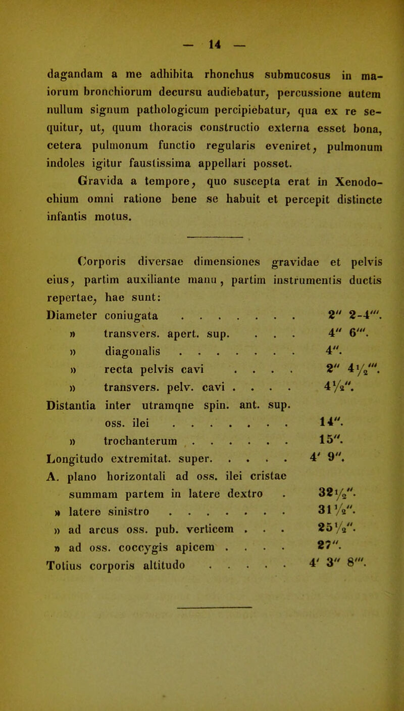 dagandam a me adhihita rhonchus submucosus in ma- iorum bronchiorum decursu audiebatur, percussione autem nullum signum pathologicum percipiebatur, qua ex re se- quitur, ut, quum thoracis conslructio externa esset bona, cetera puhnonum functio regularis eveniret, pulmonum indoles igitur faustissima appellari posset. Gravida a tempore, quo suscepla erat in Xenodo- chium omni ratione bene se habuit et percepit distincte infantis motus. Corporis diversae dimensiones gravidae et pelvis eius, partim auxiliante manu , partim instrumentis ductis repertae, hae sunt: Diameter coniugata 2 2-4'. » transvers. apert. sup. ... 4 6'. » diagonalis 4. » recta pelvis cavi .... 2 4ya'. » transvers. pelv. cavi .... 41/». Distantia inter utramqne spin. ant. sup. oss. ilei 14. » trochanterum 15. Longitudo extremitat. super 4' 9. A. plano horizontali ad oss. ilei cristae suramam partem in latere dextro . 32 y2. » latcre sinistro 3lyi. » ad arcus oss. pub. verticem . . . 25 ya. » ad oss. coccygis apicem .... 27. Totius corporis allitudo 4' 3 8'.