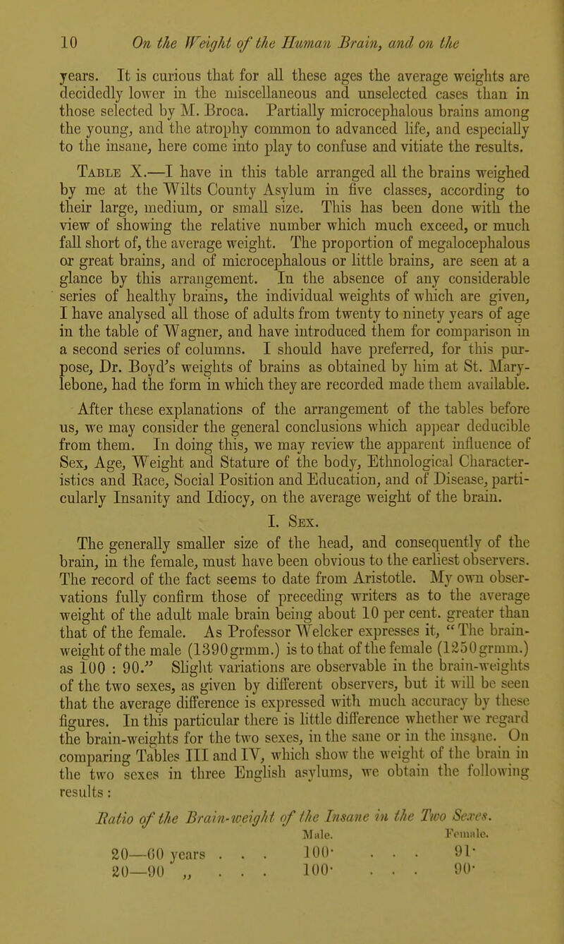 years. It is curious that for all these ages the average weights are decidedly lower iu the miscellaneous and unselected cases than in those selected by M. Broca. Partially microcephalous brains among the young, and the atrophy common to advanced life, and especially to the insane, here come into play to confuse and vitiate the results. Table X.—I have in this table arranged all the brains weighed by me at the Wilts County Asylum in five classes, according to their large, medium, or small size. This has been done with the view of showing the relative number which much exceed, or much fall short of, the average weight. The proportion of megalocephalous or great brains, and of microcephalous or little brains, are seen at a glance by this arrangement. In the absence of any considerable series of healthy brains, the individual weights of which are given, I have analysed all those of adults from twenty to ninety years of age in the table of Wagner, and have introduced them for comparison in a second series of columns. I should have preferred, for this pur- pose. Dr. Boyd's weights of brains as obtained by him at St. Mary- lebone, had the form in which they are recorded made them available. After these explanations of the arrangement of the tables before us, we may consider the general conclusions which ap])ear deducible from them. In doing this, we may review the apparent influence of Sex, Age, Weight and Stature of the body, Etlmological Character- istics and Eace, Social Position and Education, and of Disease, parti- cularly Insanity and Idiocy, on the average weight of the brain. I. Sex. The generally smaller size of the head, and consequently of the brain, m the female, must have been obvious to the earhest observers. The record of the fact seems to date from Aristotle. My owti obser- vations fully confirm those of preceding writers as to the average weight of the adult male brain being about 10 per cent, greater than that of the female. As Professor Welcker expresses it, The brain- weight of the male (1390grmm.) is to that of the female (1250grmm.) as 100 : QO/' Slight variations are observable in the brain-weights of the two sexes, as given by different observers, but it wiU be seen that the average difference is expressed with much accuracy by these figures. In this particular there is little difference whether we regard the brain-weights for the two sexes, in the sane or in the insijne. On comparing Tables III and IV, which show the weight of the brain in the two sexes in three English asylums, we obtain the following results: Ratio of the Brain-weight of the Insane in the Two Seres. Male. Female. 20—GO years . . . lOO- ... 91- 20—90 „ . . . 100- . . . 9(1-