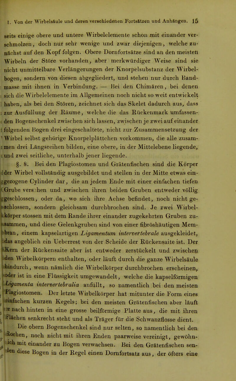 seits einige obere und untere Wirbelelemente schon mit einander ver- schmolzen , doch nur sehr wenige und zwar diejenigen, welche zu- nächst auf den Kopf folgen. Obere Dornfortsätze sind an den meisten Wirbeln der Störe vorhanden, aber merkwürdiger Weise sind sie nicht unmittelbare Verlängerungen der Knorpelsubstanz der Wirbel- bogen, sondern von diesen abgegliedert, und stehen nur durch Band- : masse mit ihnen in Verbindung. — Hei den Chimären, bei denen ! sich die Wirbelelemente im Allgemeinen noch nicht so weit entwickelt i haben, als bei den Stören, zeichnet sich das Skelet dadurch aus, dass , zur Ausfüllung der Räume, welche die das Rückenmark umfassen- . den Bogenschenkel zwischen sich lassen, zwischen je zwei auf einander • folgenden Bogen drei eingeschaltete, nicht zur Zusammensetzung der ' Wirbel selbst gehörige Knorpelplättchen vorkommen, die alle zusam- imen drei Längsreihen bilden, eine obere, in der Mittelebene liegende, lund zwei seitliche, unterhalb jener liegende. §.8. Bei den Plagiostomen und Grätenfischen sind die Körper tdder Wirbel vollständig ausgebildet und stellen in der Mitte etwas ein- ^gezogene Cylinder dar, die an jedem Ende mit einer einfachen tiefen i(Grube versahen und zwischen ihren beiden Gruben entweder völlig jg'geschlossen, oder da, wo sich ihre Achse befindet, noch nicht ge- |Bi6chlossen, sondern gleichsam durchbrochen sind. Je zwei Wirbel- j^körper stossen mit dem Rande ihrer einander zugekehrten Gruben zu- ipisammen, und diese Gelenkgruben sind von einer fibröshäutigen Mem- ibbran, einem kapselartigen Ligamentum m^erüer^eöm^e ausgekleidet, '..das angeblich ein Ueberrest von der Scheide der Rückensaite ist. Der KKern der Rückensaite aber ist entweder zerstückelt und zwischen itden Wirbelkörpern enthalten, oder läuft durch die ganze Wirbelsäule aihindurch, wenn nämlich die Wirbelkörper durchbrochen erscheinen, ^-.oder ist in eine Flüssigkeit umgewandelt, welche die kapseiförmigen ILigamenta intervertebralia anfüllt, so namentlich bei den meisten ^ ;'?lagiostomen. Der letzte Wirbelkörper hat mitunter die Form eines nnfachen kurzen Kegels; bei den meisten Grätenfischen aber läuft ir nach hinten in eine grosse beilförmige Platte aus, die mit ihren Flächen senkrecht steht und als Träger für die Schwanzflosse dient. Die obern Bogenschenkel sind nur selten, so namentlich bei den lochen, noch nicht mit ihren Enden paarweise vereinigt, gewöhn- ich mit einander zu Bogen verwachsen. Bei den Grätenfischen sen- den diese Bogen in der Regel einen Dornfortsatz aus, der öfters eine