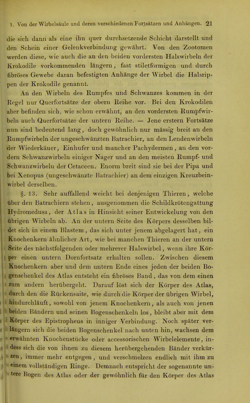 die sich dann als eine ihn quer durchsetzende Schicht darstellt und den Schein einer Gelenkverbindung gewährt. Von den Zootoraen werden diese, wie auch die an den beiden vordersten Halswirbeln der Krokodile vorkommenden längern, fast stiletförmigen und durch fibröses Gewebe daran befestigten Anhänge der Wirbel die Halsrip- pen der Krokodile genannt. An den Wirbeln des Rumpfes und Schwanzes kommen in der Regel nur Querfortsätze der obern Reihe vor. Bei den Krokodilen aber befinden sich, wie schon erwähnt, an den vordersten Rumpfwir- beln auch Querfortsätze der untern Reihe. — Jene erstem Fortsätze nun sind bedeutend lang, doch gewöhnlich nur mässig breit an den Rumpfwirbeln der ungeschwänzten Batrachier, an den Lendenwirbeln der Wiederkäuer, Einhufer und mancher Pachydermen, an den vor- dem Schwanzwirbeln einiger Nager und an den meisten Rumpf- und Schwanzwirbeln der Cetaceen. Enorm breit sind sie bei der Pipa und bei Xenopus (ungeschwänzte Batrachier) an dem einzigen Kreuzbein- wirbel derselben. §.13. Sehr auffallend weicht bei denjenigen Thieren, welche über den Batrachiern stehen, ausgenommen die Schildkrötengattung Hydromedusa, der Atlas in Hinsicht seiner Entwickelung von den übrigen Wirbeln ab. An der untern Seite des Körpers desselben bil- det sich in einem Blastem, das sich unter jenem abgelagert hat, ein Knochenkern ähnlicher Art, wie bei manchen Thieren an der untern Seite des nächstfolgenden oder mehrerer Halswirbel, wenn ihre Kör- I per einen untern Dornfortsatz erhalten sollen. Zwischen diesem . Knochenkern aber und dem untern Ende eines jeden der beiden Bo- : genschenkel des Atlas entsteht ein fibröses Band, das von dem einen zum andern herübergeht. Darauf löst sich der Körper des Atlas, durch den die Rückensaite, wie durch die Körper der übrigen Wirbel, hin durchläuft, sowohl von jenem Knochenkern, als auch von jenen beiden Bändern und seinen Bogenschenkeln los, bleibt aber mit dem Körper des Epistropheus in inniger Verbindung. Noch später ver- längern sich die beiden Bogenschenkel nach unten hin, wachsen dem erwähnten Knochenstücke oder accessorischen Wirbelelemente, in- dess sich die von ihnen zu diesem herübergeheuden Bänder verkür- zen, immer mehr entgegen, und verschmelzen endlich mit ihm zu emem vollständigen Ringe. Demnach entspricht der sogenannte un- tere Bogen des Atlas oder der gewöhnlich für den Körper des Atlas