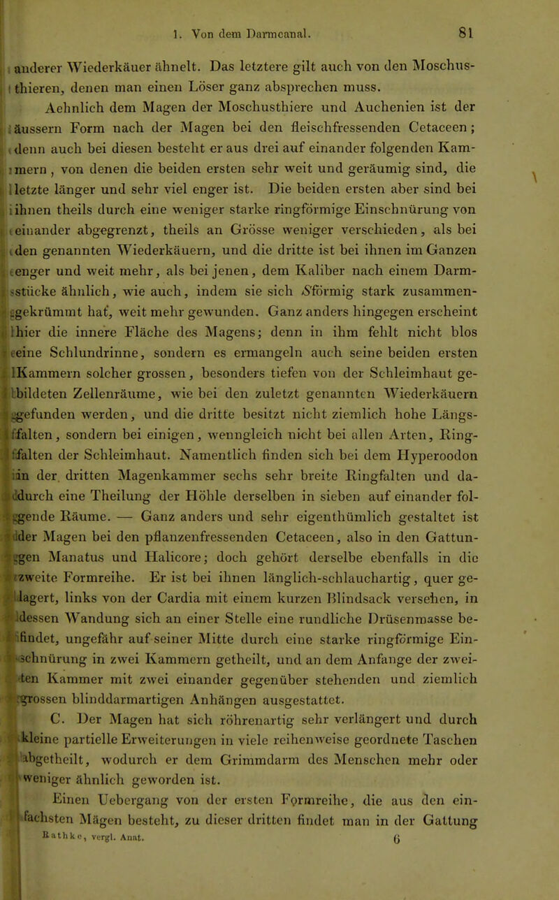 1 , anderer Wiederkäuer ähnelt. Das letztere gilt auch von den Moschus- ' thieren, denen man einen Löser ganz absprechen muss. Aehnlich dem Magen der Moschusthiere und Auchenien ist der I ä äussern Form nach der Magen bei den fleischfressenden Cetacecn; Ii (denn auch bei diesen besteht er aus drei auf einander folgenden Kam- ^ ?mern , von denen die beiden ersten sehr weit und geräumig sind, die letzte länger und sehr viel enger ist. Die beiden ersten aber sind bei ; ihnen theils durch eine weniger starke ringförmige Einschnürung von einander abgegrenzt, theils an Grösse weniger verschieden, als bei den genannten Wiederkäuern, und die dritte ist bei ihnen im Ganzen enger und weit mehr, als bei jenen, dem Kaliber nach einem Darm- -stücke ähnlich, wie auch, indem sie sich /i^förmig stark zusammen- .gekrümmt hat, weit mehr gewunden. Ganz anders hingegen erscheint hier die innere Fläche des Magens; denn in ihm fehlt nicht blos eine Schlundrinne, sondern es ermangeln auch, seine beiden ersten Kammern solcher grossen, besonders tiefen von der Schleimhaut ge- bildeten Zellenräume, wie bei den zuletzt genannten Wiederkäuern gefunden werden, und die dritte besitzt nicht ziemlich hohe Längs- falten, sondern bei einigen, wenngleich nicht bei allen Arten, Ring- falten der Schleimhaut. Namentlich finden sich bei dem Hyperoodon in der. dritten Magenkammer sechs sehr breite Ringfalten und da- cdurch eine Theilung der Höhle derselben in sieben auf einander fol- i^ende Räume. — Ganz anders und sehr eigenthümlich gestaltet ist der Magen bei den pflanzenfressenden Cetaceen, also in den Gattun- .,'en Manatus und Halicore; doch gehört derselbe ebenfalls in die zweite Formreihe. Er ist bei ihnen länglich-schlauchartig, quer ge- lagert, links von der Cardia mit einem kurzen Blindsack versehen, in Jessen Wandung sich an einer Stelle eine rundliche Drüsenmasse be- findet, ungefähr auf seiner Mitte durch eine starke ringförmige Ein- schnürung in zwei Kammern getheilt, und an dem Anfange der zwei- ten Kammer mit zwei einander gegenüber stehenden und ziemlich grossen blinddarmartigen Anhängen ausgestattet. C. Der Magen hat sich röhrenartig sehr verlängert und durch kleine partielle Erweiterungen in viele reihenAveise geordnete Taschen ibgetheilt, wodurch er dem Grimmdarm des Menschen mehr oder weniger ähnlich geworden ist. Einen Uebergang von der ersten F^rmreihe, die aus den ein- fachsten Mägen besteht, zu dieser dritten findet man in der Gattung Ilatliko, vcrgl. Aimt. (J