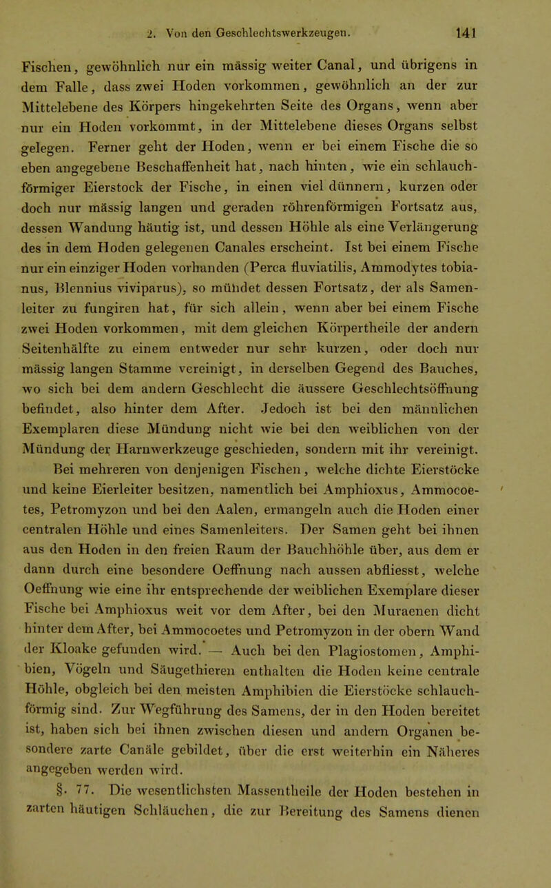 Fischen, gewöhnlich nur ein mässig weiter Canal, und übrigens in dem Falle, dass zwei Hoden vorkommen, gewöhnlich an der zur Mittelebene des Körpers hingekehrten Seite des Organs, wenn aber nur ein Hoden vorkommt, in der Mittelebene dieses Organs selbst ffelesen. Ferner geht der Hoden, wenn er bei einem Fische die so eben angegebene Beschaffenheit hat, nach hinten, wie ein schlauch- förmiger Eierstock der Fische, in einen viel dünnern, kurzen oder doch nur mässig langen und geraden röhrenförmigen Fortsatz aus, dessen Wandung häutig ist, und dessen Höhle als eine Verlängerung des in dem Hoden gelegenen Canales erscheint. Ist bei einem Fische nur ein einziger Hoden vorhanden (Perca fluviatilis, Ammodytes tobia- nus, Blennius viviparus), so mülidet dessen Fortsatz, der als Samen- leiter zu fungiren hat, für sich allein, wenn aber bei einem Fische zwei Hoden vorkommen, mit dem gleichen Körpertheile der andern Seitenhälfte zu einem entweder nur sehr kurzen, oder doch nur mässig langen Stamme vereinigt, in derselben Gegend des Bauches, wo sich bei dem andern Geschlecht die äussere Geschlechtsöffnung befindet, also hinter dem After. Jedoch ist bei den männlichen Exemplaren diese MüJidung nicht wie bei den weiblichen von der Mündung der Harnwerkzeuge geschieden, sondern mit ihr vereinigt. Bei mehreren von denjenigen Fischen, welche dichte Eierstöcke und keine Eierleiter besitzen, namentlich bei Amphioxus, Ammocoe- tes, Petromyzon und bei den Aalen, ermangeln auch die Hoden einer centralen Höhle und eines Samenleiters. Der Samen geht bei ihnen aus den Hoden in den freien Raum der Bauchhöhle über, aus dem er dann durch eine besondere Oeffnung nach aussen abfliesst, welche Oeffnung wie eine ihr entsprechende der weiblichen Exemplare dieser Fische bei Amphioxus w^eit vor dem After, bei den Muraenen dicht hinter dem After, bei Ammocoetes und Petromyzon in der obern Wand der Kloake gefunden wird. — Auch bei den Plagiostomen, Amphi- bien, Vögeln und Säugethieren enthalten die Hoden keine centrale Höhle, obgleich bei den meisten Amphibien die Eierstöcke schlauch- förmig sind. Zur Wegführung des Samens, der in den Hoden bereitet ist, haben sich bei ihnen zwischen diesen und andern Organen be- sondere zarte Canäle gebildet, über die erst weiterhin ein Näheres angegeben werden wird. §. 77. Die wesentlichsten Massentheile der Hoden bestehen in zarten häutigen Schläuchen, die zur Bereitung des Samens dienen