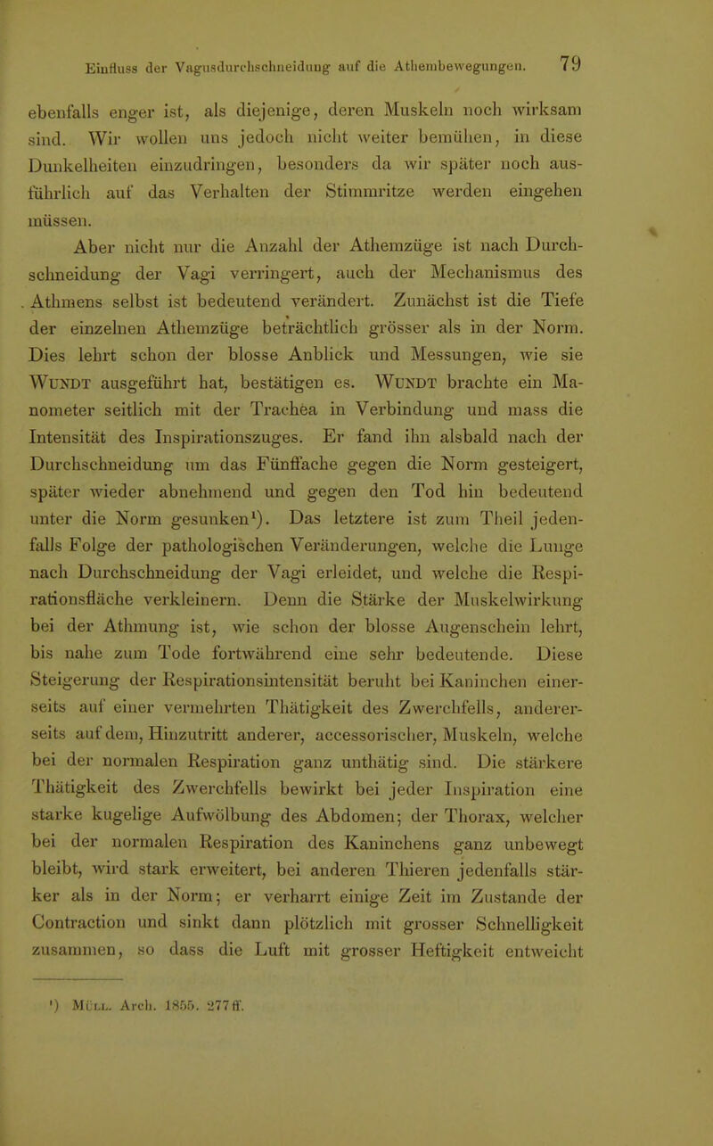 ebenfalls enger ist, als diejenige, deren Muskeln noch wirksam sind. Wir wollen uns jedoch nicht weiter bemühen, in diese Dunkelheiten einzudringen, besonders da wir später noch aus- führlich auf das Verhalten der Stimmritze werden eingehen müssen. Aber nicht nur die Anzahl der Athemzüge ist nach Durch- schneidung der Vagi verringert, auch der Mechanismus des Athmens selbst ist bedeutend verändert. Zunächst ist die Tiefe der einzelnen Athemzüge beträchtlich grösser als in der Norm. Dies lehrt schon der blosse Anblick und Messungen, wie sie Wundt ausgeführt hat, bestätigen es. Wundt brachte ein Ma- nometer seitlich mit der Trachea in Verbindung und mass die Intensität des Inspirationszuges. Er fand ihn alsbald nach der Durchschneidung um das Fünffache gegen die Norm gesteigert, später wieder abnehmend und gegen den Tod hin bedeutend unter die Norm gesunken1). Das letztere ist zum Theil jeden- falls Folge der pathologischen Veränderungen, welche die Lunge nach Durchschneidung der Vagi erleidet, und welche die Respi- rationsfläche verkleinern. Denn die Stärke der Muskelwirkung bei der Athmung ist, wie schon der blosse Augenschein lehrt, bis nahe zum Tode fortwährend eine sehr bedeutende. Diese Steigerung der Respirationsintensität beruht bei Kaninchen einer- seits auf einer vermehrten Thätigkeit des Zwerchfells, anderer- seits auf dem, Hinzutritt anderer, accessorischer, Muskeln, welche bei der normalen Respiration ganz unthätig sind. Die stärkere Thätigkeit des Zwerchfells bewirkt bei jeder Inspiration eine starke kugelige Aufwölbung des Abdomen; der Thorax, welcher bei der normalen Respiration des Kaninchens ganz unbewegt bleibt, wird stark erweitert, bei anderen Thieren jedenfalls stär- ker als in der Norm; er verharrt einige Zeit im Zustande der Contraction und sinkt dann plötzlich mit grosser Schnelligkeit zusammen, so dass die Luft mit grosser Heftigkeit entweicht ') Müll. Arcli. 1855. '277 ff.