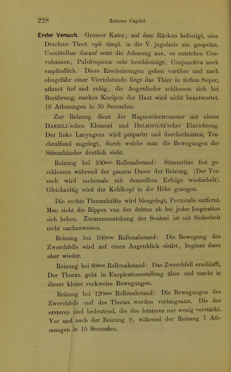 Erster Versuch. Grosser Kater, auf dem Rücken befestigt, eine Drachme Tinct. opii simpl. in die V. jugularis sin. gespritzt. Unmittelbar darauf setzt die Athmung aus, es entstehen Con- vulsionen, Pulsfrequenz sehr beschleunigt, Conjunctiva noch empfindlich. Diese Erscheinungen gehen vorüber und nach olmgefähr einer Viertelstunde liegt das Thier in tiefem Sopor, athmet tief und ruhig, die Augenlieder schliessen sich bei Berührung, starkes Kneipen der Haut wird nicht beantwortet. 16 Athmungen in 30 Secunden. Zur Reizung dient der Magnetelectromotor mit einem DANiELL'schen Element und HELMHOLTz'scher Einrichtung. Der linke Laryngeus wird präparirt und durchschnitten, Tra- chealfistel angelegt, durch welche man die Bewegungen der Stimmbänder deutlich sieht. Reizung bei 100mm Rollenabstand: Stimmritze fest ge- schlossen während der ganzen Dauer der Reizung. (Der Ver- such wird mehrmals mit demselben Erfolge wiederholt). Gleichzeitig wird der Kehlkopf in die Höhe gezogen. Die rechte Thoraxhälfte wird biosgelegt, Pectoralis entfernt. Man sieht die Rippen von der dritten ab bei jeder Inspiration sich heben. Zusammenziehung der Scaleni ist mit Sicherheit nicht nachzuweisen. Reizung bei 100mm Rollenabstand: Die Bewegung des Zwerchfells wird auf einen Augenblick sistirt, beginnt dann aber wieder. Reizung bei 80«™ Rollenabstand: Das Zwerchfell erschlafft, Der Thorax geht in Exspirationsstellung über und macht in dieser kleine ruckweise Bewegungen. Reizung bei 120mm Rollenabstand: Die Bewegungen des Zwerchfells und des Thorax werden verlangsamt. Die des ersteren sind bedeutend, die des letzteren nur wenig verstärkt. Vor und nach der Reizung 9, während der Reizung 7 Ath- mungen in 15 Secunden.
