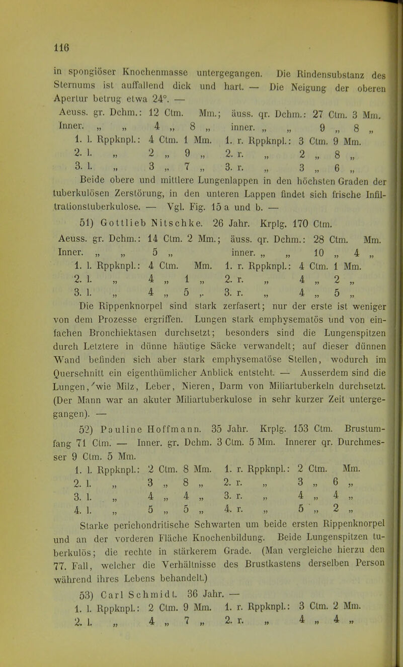 in spongiöser Knochenmasse untergegangen. Die Rindensubslanz des Sternums ist auffallend dick und hart. — Die Neigung der oberen Apertur betrug etwa 24°. — Aeuss. gr. Dehrn.: 12 Ctm. Mm.; äuss. qr. Dehrn.: 27 Ctm. 3 Mm. ^er. „ „ 4 „ 8 „ inner. „ „ 9 „ 8 „ 1. 1. Rppknpl.: 4 Ctm. 1 Mm. 1. r. Rppknpl.: 3 Ctm. 9 Mm. '2- 1- „ 2 „ 9 „ 2. r. „ 2 „ 8 „ 3- 1- 3 „ 7 „ 3. r. „ 3 „ 6 „ Beide obere und mittlere Lungenlappen in den höchsten Graden dei tuberkulösen Zerstörung, in den unteren Lappen findet sich frische Infil- trationstuberkulose. — Vgl. Fig. loa und b. — 51) Gottlieb Nitschke. 26 Jahr. Krplg. 170 Ctm. Aeuss. gr. Dehrn.: 14 Ctm. 2 Mm.; äuss. qr. Dchm.: 28 Ctm. Mm. Inner. „ „ 5 „ inner. „ „ 10 „ 4 „ 1. 1. Rppknpl.: 4 Ctm. Mm. 1. r. Rppknpl.: 4 Ctm. 1 Mm. 2. 1. „ 4 „ 1 „ 2. r. „ 4 „ 2 „ 3. 1. „ 4 „ 5 3. r. „ 4 „ 5 „ Die Rippenknorpel sind stark zerfasert; nur der erste ist weniger von dem Prozesse ergriffen. Lungen stark emphysematös und von ein- fachen Bronchiektasen durchsetzt; besonders sind die Lungenspitzen durch Letztere in dünne häutige Säcke verwandelt; auf dieser dünnen Wand befinden sich aber stark emphysematöse Stellen, wodurch im Querschnitt ein eigenthümlicher Anblick entsteht. — Ausserdem sind die Lungen,''wie Milz, Leber, Nieren, Darm von Miliartuberkeln durchsetzt. (Der Mann war an akuter Miliartuberkulose in sehr kurzer Zeit unterge- gangen). — 52) Paul ine Hoffmann. 35 Jahr. Krplg. 153 Ctm. Brustum- fang 71 Ctm. — Inner, gr. Dchm, 3 Ctm. 5 Mm. Innerer qr. Durchmes- ser 9 Ctm. 5 Mm. 1. 1. Rppknpl.: 2 Ctm. 8 Mm. 1. r. Rppknpl: 2 Ctm. Mm. 2. 1. „ 3 „ 8 „ 2. r. „ 3 „ 6 „ 3. 1. „ 4 „ 4 „ 3. r. „ 4 „ 4 „ 4. 1. „ 5 „ 5 „ 4. r. „ 5 „ 2 „ Starke perichondritische Schwarten um beide ersten Rippenknorpel und an der vorderen Fläche Knochenbildung. Beide Lungenspitzen tu- berkulös; die rechte in stärkerem Grade. (Man vergleiche hierzu den 77. Fall, welcher die Verhältnisse des Brustkastens derselben Person während ihres Lebens behandelt.) 53) Carl Schmidt. 36 Jahr. — 1. 1. Rppknpl.: 2 Ctm. 9 Mm. 1. r. Rppknpl.: 3 Ctm. 2 Mm. 2. 1. „ 4 „ 7 „ 2. r. 4 „ 4 „