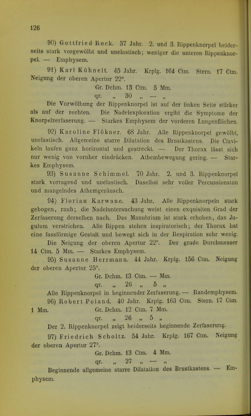 90) Gottfried Rock. 37 Jahr. 2. und 3. Rippenknorpel beider- seits stark vorgewölbt und unelastisch; weniger die unteren Rippenknor- pel. — Emphysem. 91) Karl Kühnelt. 45 Jahr. Krplg. 164 Ctm. Stern. 17 Ctm. Neigung der oberen Apertur 22°. Gr. Dchm. 13 Ctm. 5 Mm. qr. „ 30 „ — „ Die Vorwölbung der Rippenknorpel ist auf der linken Seite stärker als auf der rechten. Die Nadelexploration ergibt die Symptome der Knorpelzerfaserung. — Starkes Emphysem der vorderen Lungenflächen. 92) Karoline Flökner. 68 Jahr. Alle Rippenknorpel gewölbt, unelastisch. Allgemeine starre Dilatation des Brustkastens. Die Clavi- keln laufen ganz horizontal und gestreckt. — Der Thorax lässt sich nur wenig von vornher eindrücken. Athembewegung gering. — Star- kes Emphysem. 93) Susanne Schimmel. 70 Jahr. 2. und 3. Rippenknorpel stark vorragend und unelastisch. Daselbst sehr voller Percussionston und mangelndes Alhemgeräusch. 94) Florian Karwane. 43 Jahr. Alle Rippenknorpeln stark gebogen, rauh; die Nadeluntersuchung weist einen exquisiten Grad der Zerläserung derselben nach. Das Manubrium ist stark erhoben, das Ju- gulum verstrichen. Alle Rippen stehen inspiratorisch; der Thorax hat eine fassförmige Gestalt und bewegt sich in der Respiration sehr wenig. Die Neigung der oberen Apertur 22°. Der grade Durchmesser 14 Ctm. 5 Mm. — Starkes Emphysem. 95) Susanne Herr mann. 44 Jahr. Krplg. 156 Ctm. Neigung der oberen Apertur 25°. Gr. Dchm. 13 Ctm. — Mm. qr. „ 26 „ 5 „ Alle Rippenknorpel in beginnender Zerfaserung. — Randemphysera. 96) Robert Pol and. 40 Jahr. Krplg. 163 Ctm. Stern. 17 Ctm. 1 Mm. Gr. Dchm. 12 Ctm. 7 Mm. qr. „ 26 „ 5 „ Der 2. Rippenknorpel zeigt beiderseits beginnende Zerfaserung. 97) Friedrich Scholtz. 54 Jahr. Krplg. 167 Ctm. Neigung der oberen Apertur 27°. Gr. Dchm. 13 Ctm. 4 Mm. qr. „ 27 „ ^ Beginnende allgemeine starre Dilatation des Brustkastens. — Em- physem.