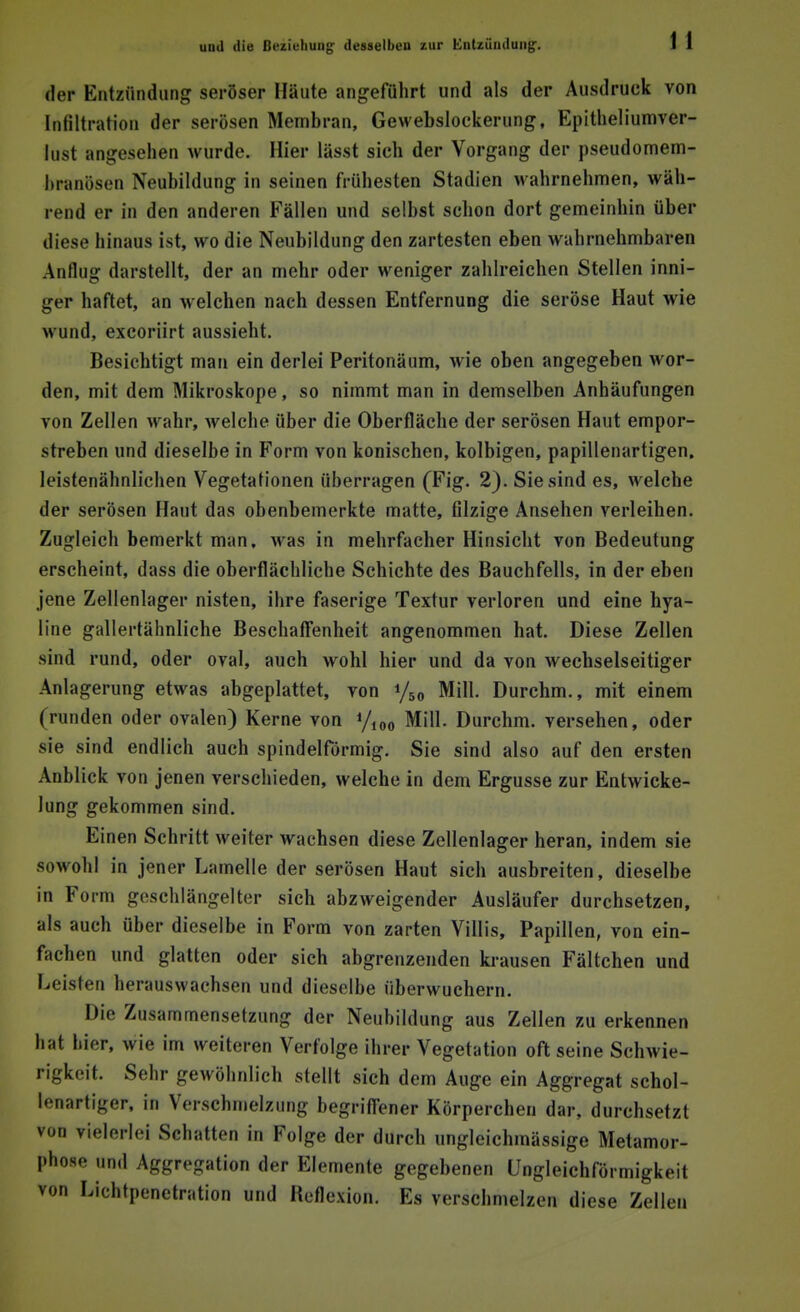 der Entzündung seröser Häute angeführt und als der Ausdruck von Infiltration der serösen Membran, Gewebslockerung, Epitheliumver- lust angesehen wurde. Hier lässt sich der Vorgang der pseudomem- branösen Neubildung in seinen frühesten Stadien wahrnehmen, wäh- rend er in den anderen Fällen und selbst schon dort gemeinhin über diese hinaas ist* wo die Neubildung den zartesten eben wahrnehmbaren Anflug darstellt, der an mehr oder weniger zahlreichen Stellen inni- ger haftet, an welchen nach dessen Entfernung die seröse Haut wie wund, exeoriirt aussieht. Besichtigt man ein derlei Peritonäum, wie oben angegeben wor- den, mit dem Mikroskope, so nimmt man in demselben Anhäufungen von Zellen wahr, welche über die Oberfläche der serösen Haut empor- streben und dieselbe in Form von konischen, kolbigen, papillenartigen. leistenähnlichen Vegetationen überragen (Fig. 2). Sie sind es, welche der serösen Haut das obenbemerkte matte, filzige Ansehen verleihen. Zugleich bemerkt man, was in mehrfacher Hinsicht von Bedeutung erscheint, dass die oberflächliche Schichte des Bauchfells, in der eben jene Zellenlager nisten, ihre faserige Textur verloren und eine hya- line gallertähnliche Beschaffenheit angenommen hat. Diese Zellen sind rund, oder oval, auch wohl hier und da von wechselseitiger Anlagerung etwas abgeplattet, von y50 Mill. Durchm., mit einem (runden oder ovalen) Kerne von J/ioo Mill. Durchm. versehen, oder sie sind endlich auch spindelförmig. Sie sind also auf den ersten Anblick von jenen verschieden, welche in dem Ergüsse zur Entwicke- lung gekommen sind. Einen Schritt weiter wachsen diese Zellenlager heran, indem sie sowohl in jener Lamelle der serösen Haut sich ausbreiten, dieselbe in Form geschlängelter sich abzweigender Ausläufer durchsetzen, als auch über dieselbe in Form von zarten Villis, Papillen, von ein- fachen und glatten oder sich abgrenzenden krausen Fältchen und Leisten herauswachsen und dieselbe überwuchern. Die Zusammensetzung der Neubildung aus Zellen zu erkennen hat hier, wie im weiteren Verfolge ihrer Vegetation oft seine Schwie- rigkeit. Sehr gewöhnlich stellt sich dem Auge ein Aggregat schol- lenartiger, in Verschmelzung begriffener Körperchen dar, durchsetzt von vielerlei Schatten in Folge der durch imgleiclunässige Metamor- phose und Aggregation der Elemente gegebenen Ungleichförmigkell von Lichtpenetration und Reflexion. Es verschmelzen diese Zellen