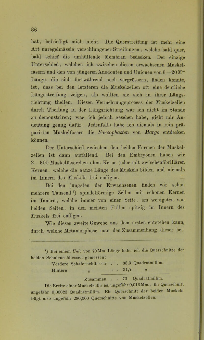 hat, befi-iedigt midi nicht. Die Querstreifung isfc mehr eine Art unregelinassig verschlungener Streifungen, welche bald quer, bald schief die umhllllende Membran bedecken. Der einzige Unterschied, welcben icb zwischen diesen erwachseneii Muskel- fasern und deu von jimgereii Anodonten und Unionen von 6—20 M' Lange, die sicb fortwàhrend noch vergrôssern, finden konnte, ist, dass bei den letzteren die Muskelzellen oft eine deutliche Langsstreifung zeigen, als wollten sie sich in ihrer Lângs- richtung tbeilen. Diesen Vermebningsprocess der Muskelzellen durcli Theilung in der Lâugsricbtung war ich nicht im Stande zu demonstriren ; was ich jedocli gesehen babe, giebt mir An- deutung genug dafilr. Jedenfalls habe icb niemals in rein pra- parirten Muskelfasern die Sarcophasten von Margo entdecken konnen. Der Unterschied zwischen den beiden Formen der Muskel- zellen ist dann aufFallend. Bei den Embryonen haben wir 2—300 Muskelfàserchen ohne Kerne (oder mit zwischenfibrillâren Kernen, welche die ganze Lange des Muskels bilden und niemals im Innern des Muskels frei endigen. Bei den jungsten der Erwachsenen finden wir schon mehrere Tausend ') spindelfôrmige Zellen mit schonen Kernen im Innem, welche immer von einer Seite, am Avenigsten von beiden Seiten, in den meisten Fàllen spitzig im Innern des Muskels frei endigen. Wie dièses zweite Gewebe aus dem ersten entstehen kann, durcli welche Métamorphose man den Zusammeuhang dieser bei- *) Bei einem Unio von 70 Mm. Lange habe ich die Querschnitte der beiden Schalenschliessen gemessen : Vordere Schalenschliesser . . 38,3 Quadratmillim. Hintere „ . . 31,7 » Zusammen . . 70 Quadratmillim. Die Breite einer Muskclzelle ist ungcfiihr 0,016Mm., ihr Querschnitt ungefàhr 0,00025 Quadratmillim. Ein Querschnitt der beiden Muskeln tragt also ungefiihr 280,000 Querschnitte von Muskelzellen.