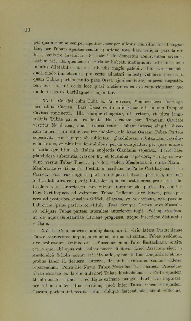 per quam nempe semper apevtam, semper aliqnis transitur, iit iit angus- tior, per Tubam apertus remanet; iitique tota haec reliqua pars lateri- bus ,connivere invenitur. Sed sicuti in clemortuis conniventem inveniri, certum est; ita quoraodo in vivis se habeat, ambiguum: est enim facile mferius dilatabilis, ut ex scribendis magis patebit. lUud tantummodo, quod modo innuebamus, pro certe adiiotari potest; videlicet hanc reli- quam Tubae partem multo prae Ossea ejusdem Parte, superne angustio- rem esse, ita ut eo in loco quasi arctiore sulco excavata videatur: quo quidem loco ex Cartilagine componitur. XVII. Constat enim Tuba ex Parte ossea, Membranacea, Cartilagi- nea, atque Carnea. Pars Ossea continuatio Ossis est, in quo Tympani Cavitas continetur. lila eousque elongatur, ut tertiam, et ultra longi- tudinis Tubae partem conficiat. Haec eadem cum Tympani Cavitate vestitur Membrana, quae extensa totam Tubam interne cingit: diver- sam tamen sensibiliter acquirit indolem, ubi hanc Osseam Tubae Partem superavit. Hic namque ob subjectam glandulosam substantiam crassius- cula evadit, et pluribus foraminibus pervia conspicitur, per quae mucosa materia egreditur, ab iisdem subjectis Glandulis seperata. Porro haec glandulosa substantia crassior fit, et foramina copiosiora, et majora eva- dunt versus Tubae Pinem: quo loci eadem Membrana internae Narium Membranae continuatur. Restat, ut scribam de Parte Cartilaginea, et de Carnea. Pars cartilaginea partem reliquae Tubae superiorem, nec non ambas laterales componit; lateralem quidem posteriorem pro majori; la- teralem vero anteriorem pro minori tantummodo parte. Ipsa autem Pars Cartilaginea ad extremum Tubae Orificium, sive Finem, praecipue vero ad posteriora ejusdem Orificii dilatata, et crassefacta, non parvam Labrorum ipsius partem constituit. Pars denique Carnea, sive Miiscula- ris reliquae Tubae partem lateralem anteriorem tegit. Sed oportet jam, ut de hujus Substantiae Carneae progressu, atque insertione distiuctius scribam, XVIII. Cmn superius ambigebam, au in vivis latera Eiistachianae Tubae conniveant; idquidem solummodo quo ad statum Tubae assiduum, sive ordinarimu ambigebam. Musculus enim Tuba Eustachiana sortita est, a quo, ubi opus est, eadem potest dilatari. Quod Assertum sicut in Anatomicis Schölls novum est; ita mihi, quem diutina conquisitio, et im- probus labor id docuere; interea, de quibus certiores aumus, videtur reponendmu. Porrö hic Novus Tubae Musculus ita se habet. Procedunt fibrae carneae ex latere anteriori Tubae Eustachianae, a Parte ejusdem Membranacea nccnon a contiguo extreme margine Partis Cartilagiueae. per totum quidem illud spatimn, quod inter Tubae Finem, et ejusdem Osseam^ partem intercedit. Hinc oblique descendendo, simul collectae.