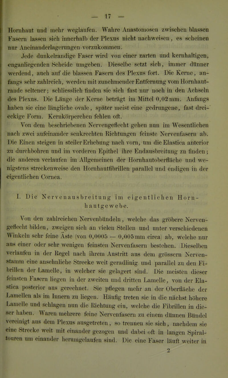 Hornhaut und mehr weglaufen. Wahre Anastomosen zwischen blassen Fasern lassen sieh innerhalb der Plexus nicht nachweisen, es scheinen nur Aneinanderlagerungen vorzukommen. Jede (lunkelrandige Faser wird von einer zarten und kernhaltigen, enganliegenden Scheide umgeben. Dieselbe setzt sich, immer dlinner werdend, auch auf die blassen Fasern des Plexus fort. Die Kerne, an- fangs sehr zahlreich, werden mit zunehmender Entfernung vom Hornhaut- rande seltener; schliesslich finden sie sich fast nur noch in den Achseln des Plexus. Die Länge der Kerne beträgt im Mittel 0,02 mm, Anfangs haben sie eine längliche ovale, später meist eine gedrungene, fast drei-' eckige Form. Kernkörperchen fehlen oft. Von dem beschriebenen Nervengeflecht gehen nun im Wesentlichen nach zwei aufeinander senkrechten Richtungen feinste Nervenfasern ab. Die Einen steigen in steiler Erhebung nach vorn, um dieElastica anterior 2U durchbohren und im vorderen Epithel ihre Endausbreitung zu finden; die anderen verlaufen im Allgemeinen der Hornhautoberfläche und we- nigstens streckenweise den Hornhautfibrillen parallel und endigen in der eigentlichen Cornea. I. Die Nervenausbreitung im eigentlichen Horu- hautgewebe. Von den zahlreichen Nervenbündeln, welche das gröbere Nerven- geflecht bilden, zweigen sich au vielen Stellen und unter verschiedenen Winkeln sehr feine Äste (von 0,0005 — 0,005 mm circai ab, welche nur aus einer oder sehr wenigen feinsten Nervenfasern bestehen. Dieselben verlaufen in der Regel nach ihrem Austritt aus dem grössern Nerven- stamm eine ansehnliche Strecke weit geradlinig und parallel zu den Fi- brillen der Lamelle, in welcher sie gelagert sind. Die meisten dieser feinsten Fasern liegen in der zweiten und dritten Lamelle, von der Ela- stica posterior aus gerechnet. Sie pflegen mehr an der Oberfläche der Lamellen als im Innern zu liegen. Häufig treten sie in die nächst höhere Lamelle und schlagen nun die Richtung ein, welche die Fibrillen in die- ser haben. Waren mehrere feine Nervenfasern zu einem dünnen Bündel vereinigt aus dem Plexus ausgetreten, so trennen sie sich, nachdem sie eine Strecke weit mit einander gezogen und dabei oft in langen Spiral- touren um einander herumgelaufen sind. Die eine Faser läuft weiter in 9