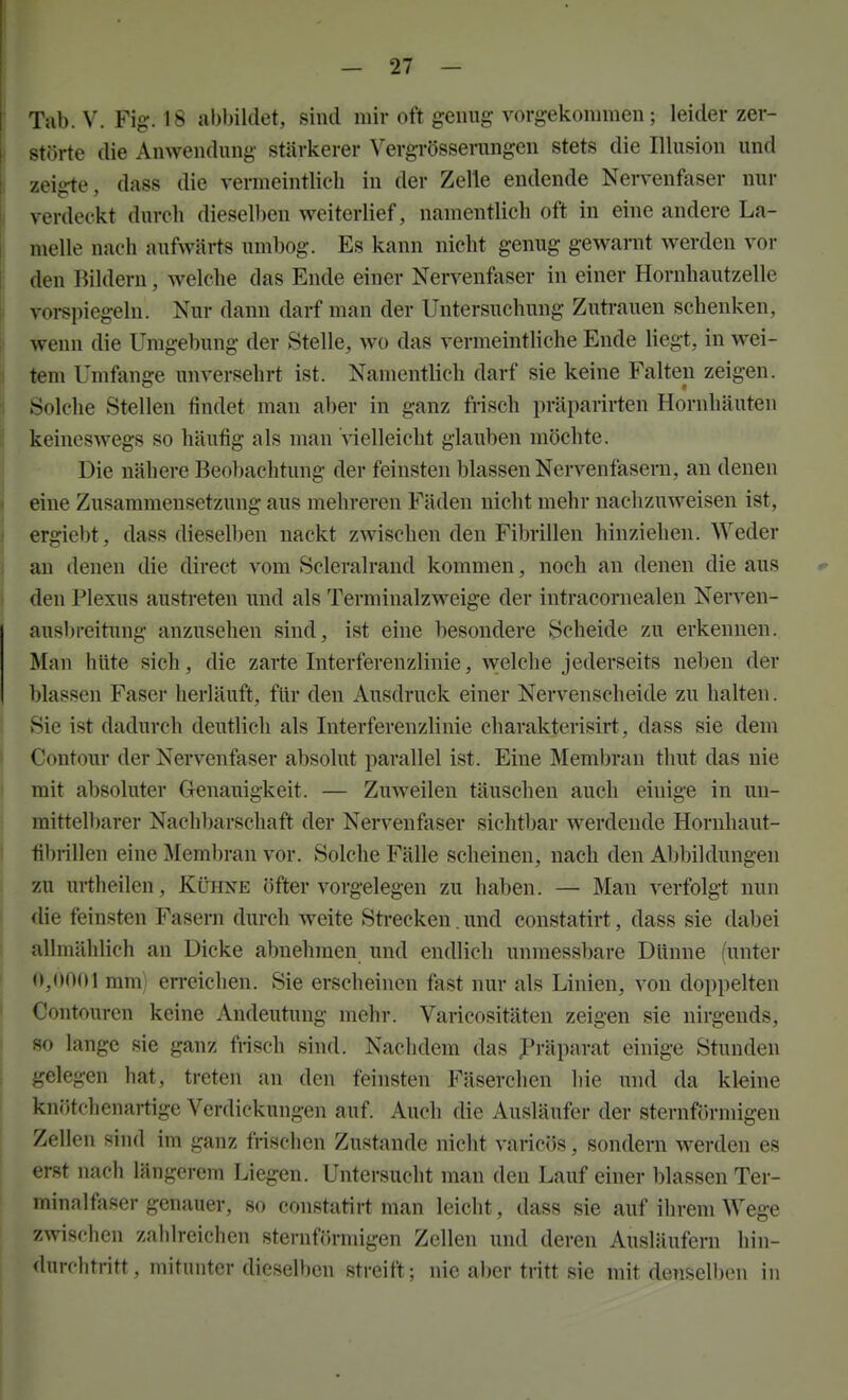 ral). V. Fig. 18 abbildet, sind mir oft genug vorgekommen ; leider zer- störte die Anwendung stärkerer Vergrösserungen stets die Illusion und zeigte, dass die vermeintlich in der Zelle endende Nervenfaser nur verdeckt durch dieselben weiterlief, namentlich oft in eine andere La- melle nach aufwärts umbog. Es kann nicht genug gewarnt werden vor den Bildern, welche das Ende einer Nervenfaser in einer Hornhautzelle vorspiegeln. Nur dann darf man der Untersuchung Zutrauen schenken, wenn die Umgebung der Stelle, wo das vermeintliche Ende liegt, in wei- tem Umfange unversehrt ist. Namentlich darf sie keine Falten zeigen. Solche Stellen findet man aber in ganz frisch präparirten Hornhäuten keineswegs so häufig als man Sielleicht glauben möchte. Die nähere Beol)achtung der feinsten blassen Nervenfasern, au denen eine Zusammensetzung aus mehreren Fäden nicht mehr nachzuweisen ist, ergiebt, dass dieselben nackt zwischen den Fibrillen hinziehen. ^Yeder an denen die direct vom Scleralrand kommen, noch an denen die aus den Plexus austreten und als Terminalzweige der intracornealen Nerven- ausbreitung anzusehen sind, ist eine besondere Scheide zu erkennen. Man hüte sich, die zarte Interferenzlinie, welche jederseits neben der blassen Faser herläuft, für den Ausdruck einer Nervenscheide zu halten. Sie ist dadurch deutlich als Interferenzlinie charakterisirt, dass sie dem Contour der Nervenfaser absolut parallel ist. Eine Membran thut das nie mit absoluter Genauigkeit. — Zuweilen täuschen auch einige in un- mittelbarer Nachbarschaft der Nervenfaser sichtbar werdende Hornhaut- fibrillen eine Membran vor. Solche Fälle scheinen, nach den Abbildungen zu urtheilen, Kühxe öfter vorgelegen zu haben. — Man verfolgt nun die feinsten Fasern durch weite Strecken. und constatirt, dass sie dabei allmählich an Dicke abnehmen und endlich unmessbare Dünne (unter 0,00(11 mmi erreichen. Sie erscheinen fast nur als Linien, von doppelten Coutouren keine Andeutung mehr. Varicositäten zeigen sie nirgends, so lange sie ganz frisch sind. Nachdem das ^Präparat einige Stunden trelegen hat, treten an den feinsten Fäserchen hie und da kkine knötchenartige Verdickungen auf. Auch die Ausläufer der sternförmigen Zellen sind im ganz frischen Zustande nicht varicös, sondern w^erden es erst nach längerem Liegen. Untersucht man den Lauf einer blassen Ter- minalfaser genauer, so constatirt man leicht, dass sie auf ihrem Wege zwischen zahlreichen sternförmigen Zellen und deren Ausläufern hin- durchtritt, mitunter dieselben streift; nie aber tritt sie mit denselben in