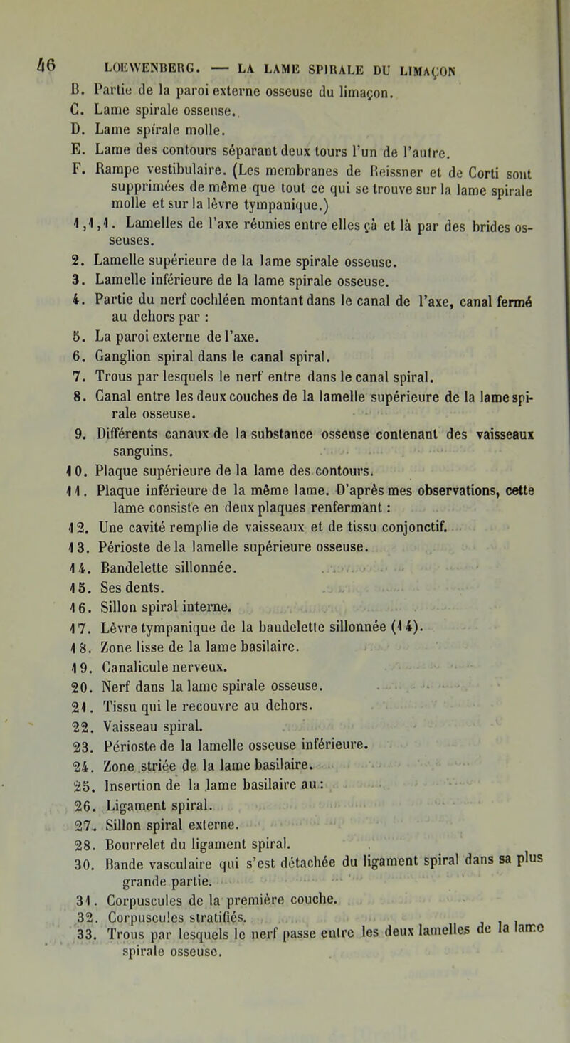 LOEWENBERG. — LA LAME SPIRALE DU LIMAÇON B. Partie de la paroi externe osseuse du limaçon. G. Lame spirale osseuse.. D. Lame spirale molle. E. Lame des contours séparant deux tours l'un de l'autre. F. Rampe yestibulaire. (Les membranes de ricissner et de Corti sont supprimées de même que tout ce qui se trouve sur la lame spirale molle et sur la lèvre tympanique.) 4,1,1. Lamelles de l'axe réunies entre elles çà et là par des brides os- seuses. 2. Lamelle supérieure de la lame spirale osseuse. 3. Lamelle inférieure de la lame spirale osseuse. 4. Partie du nerf cochléen montant dans le canal de l'axe, canal fermé au dehors par : 5. La paroi externe de l'axe. 6. Ganglion spiral dans le canal spiral. 7. Trous par lesquels le nerf entre dans le canal spiral. 8. Canal entre les deux couches de la lamelle supérieure de la lame spi- rale osseuse. 9. Différents canaux de la substance osseuse contenant des vaisseaux sanguins. 4 0. Plaque supérieure de la lame des contours. 11. Plaque inférieure de la même lame. D'après mes observations, cette lame consiste en deux plaques renfermant : 4 2. Une cavité remplie de vaisseaux et de tissu conjonctif. 4 3. Périoste delà lamelle supérieure osseuse. 4 4. Bandelette sillonnée. 4 5. Ses dents. 16. Sillon spiral interne. 4 7. Lèvre tympanique de la bandelette sillonnée (1 4). 1 8. Zone lisse de la lame basilaire. 19. Canalicule nerveux. 20. Nerf dans la lame spirale osseuse. 21. Tissu qui le recouvre au dehors. 22. Vaisseau spiral. 23. Périoste de la lamelle osseuse inférieure. 24. Zone striée de la lame basilaire. 25. Insertion de la lame basilaire au : 26. Ligament spiral. 27. Sillon spiral externe. 28. Bourrelet du ligament spiral. 30. Bande vasculaire qui s'est détachée du ligament spiral dans sa plus grande partie. 31. Corpuscules de la première couche. 32. Corpuscules stratifiés. 33. Trous par lesquels le nerf passe entre les deux lamelles de la lame spirale osseuse.