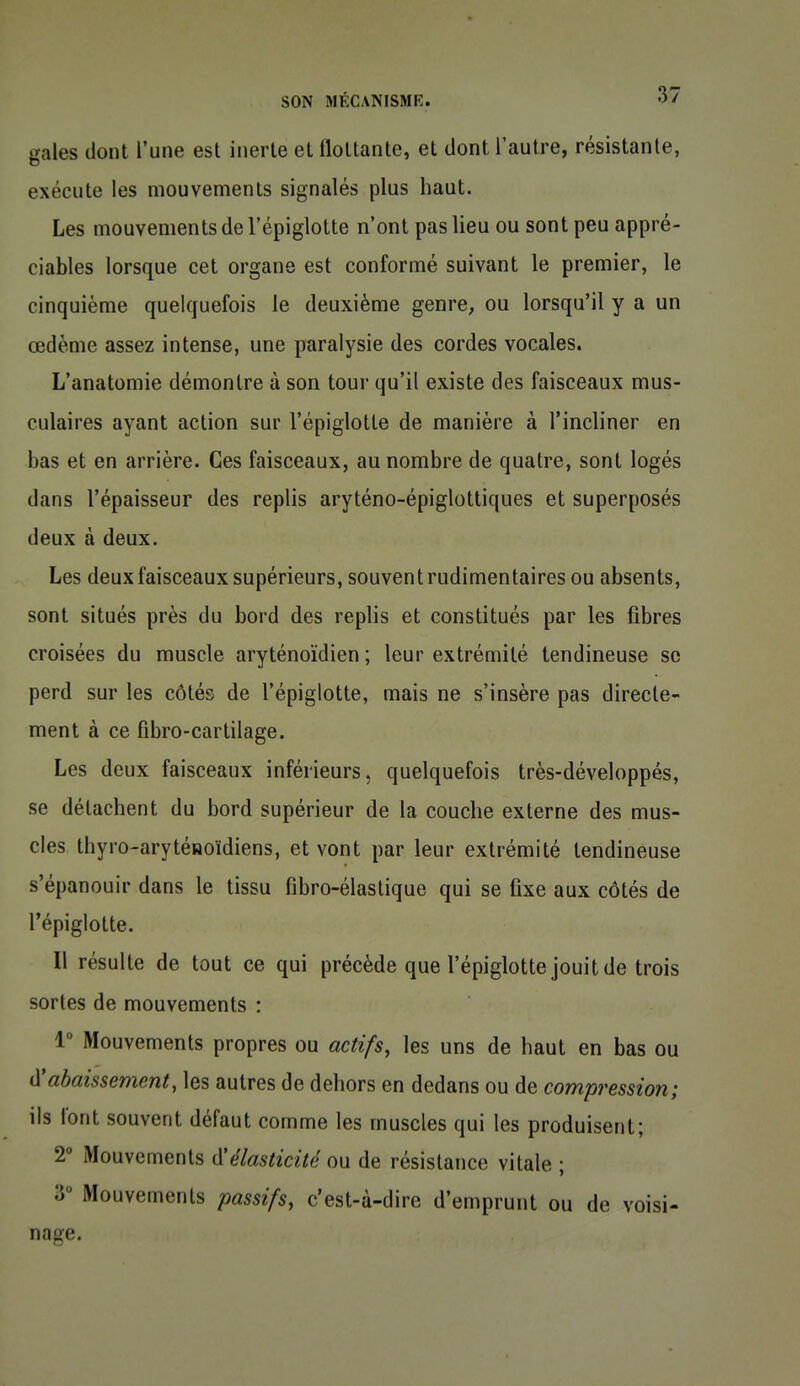 gales dont l'une est inerte et llottante, et dont l'autre, résistante, exécute les mouvements signalés plus haut. Les mouvements de l'épiglotte n'ont pas lieu ou sont peu appré- ciables lorsque cet organe est conformé suivant le premier, le cinquième quelquefois le deuxième genre^ ou lorsqu'il y a un œdème assez intense, une paralysie des cordes vocales. L'anatomie démontre à son tour qu'il existe des faisceaux mus- culaires ayant action sur l'épiglotte de manière à l'incliner en bas et en arrière. Ces faisceaux, au nombre de quatre, sont logés dans l'épaisseur des replis aryténo-épiglottiques et superposés deux à deux. Les deux faisceaux supérieurs, souvent rudimentaires ou absents, sont situés près du bord des replis et constitués par les fibres croisées du muscle aryténoïdien ; leur extrémité tendineuse se perd sur les côtés de l'épiglotte, mais ne s'insère pas directe- ment à ce fibro-cartilage. Les deux faisceaux inférieurs, quelquefois très-développés, se détachent du bord supérieur de la couche externe des mus- cles thyro-arytéfloïdiens, et vont par leur extrémité tendineuse s'épanouir dans le tissu fibro-élastique qui se fixe aux côtés de l'épiglotte. Il résulte de tout ce qui précède que l'épiglotte jouit de trois sortes de mouvements : 1° Mouvements propres ou actifs, les uns de haut en bas ou à'abaissement, les autres de dehors en dedans ou de compression; ils t'ont souvent défaut comme les muscles qui les produisent; 2° iMouvements (ïélasticité ou de résistance vitale ; 3 Mouvements passifs, c'est-à-dire d'emprunt ou de voisi- nage.