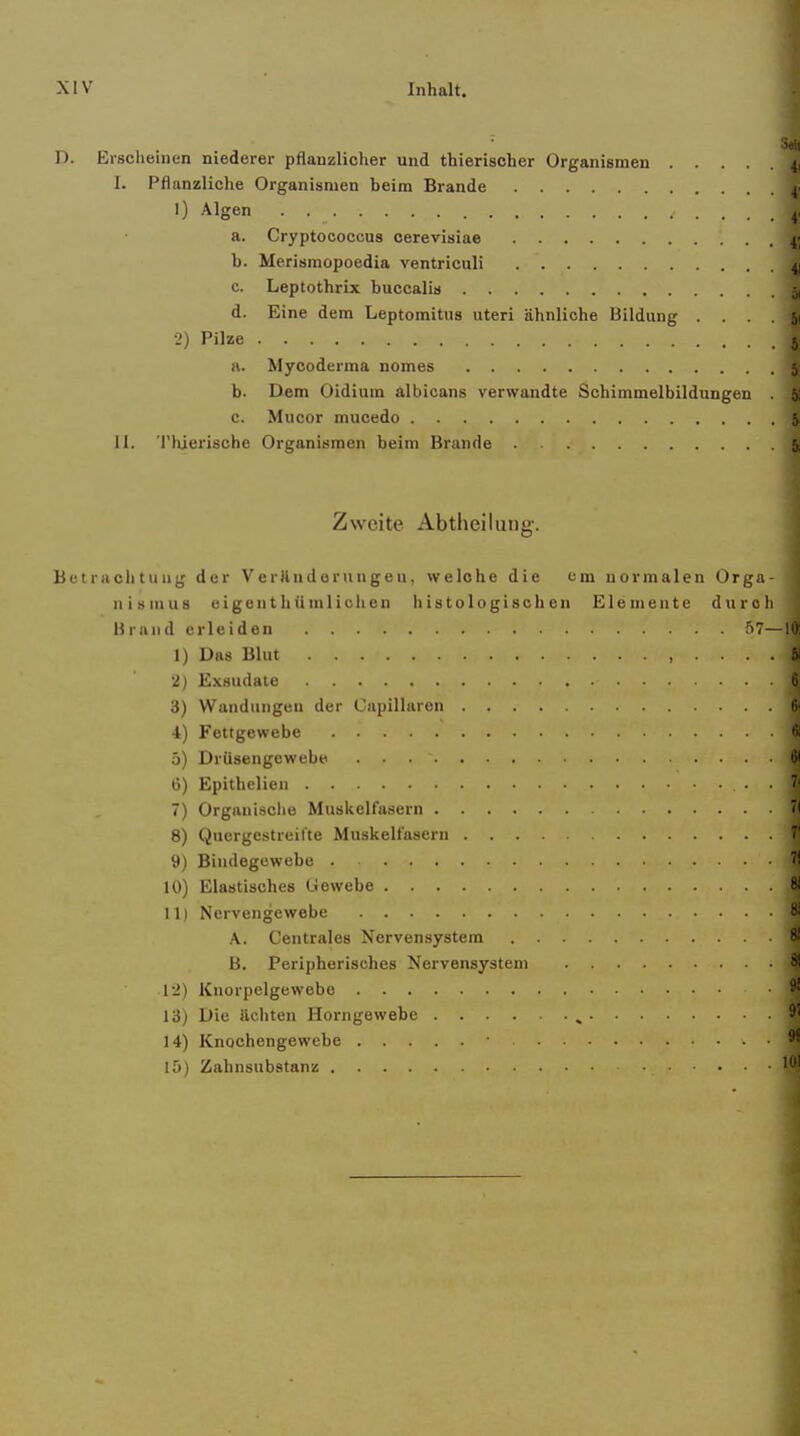 D. Erscheinen niederer pflanzlicher und thierischer Organismen 4, I. Pflanzliche Organismen beim Brande ^^ 1) Algen . ^. a. Cryptococcus cerevisiae ^• b. Merismopoedia ventriculi 41 0. Leptothrix buccalia ^ d. Eine dem Leptomitus uteri ähnliche Bildung . . . . 5( 2) Pilze 5 ii. Mycoderma nomes 5 b. Dem Oidium albicans verwandte Schimmelbildungen 5; c. Miicor mucedo 5, II. Thierische Organismen beim Brande 5i Zweite Abtheilung. Betrachtung der Verllndorungeu, welche die cm normalen Orga- ^ n i s mus eigent hüm 1 ichen Iiis101 ogisch en Elemente durch ^ Brand erleiden 57—101 1) Das Blut , .... 51 2) E.xsudate 3) Wandungen der Cupillaren 4) Fettgewebe tll 5) Drüsengewebe 6) Epithelien . ^ 7) Organische Muskelfasern 'I 8) Quergestreifte Muskelfasern 7' 9) Bindegewebe . 7i 10) Elastisches Liewebe 81 11) Nervengewebe 8i A. Centrales Nervensystem 81 B. Peripherisches Nervensystem 8i 12) Kuorpelgewebe 9' 13) Die ächten Horngewebe , 91 14) Knochengewebe 9! 15) Zahnsubstams