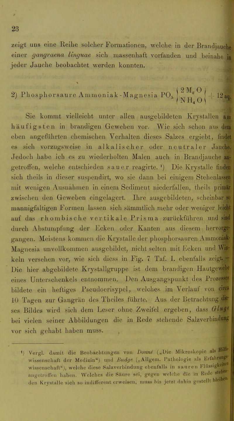 23 zeigt uus eine Reihe solcher Formationen, welche in der Brandjauche einer yangraena linyuae sich massenhaft vorfanden und beinahe in jeder Jauche beobachtet werden konnten. l 2 M O ] 2) Phosphorsaure Ammoniak-Magnesia PO5 L,Tii^r\ i • Sie kommt vielleicht unter allen ausgebildeten Krystallen am häufigsten in brandigen Geweben vor. Wie sich schon aus dem eben angeführten chemischen Verhalten dieses Salzes ergiebt, findet es sich vorzugsweise in a 1 k a Ii s c h e i- oder n c u t r a 1 e r Jauche. Jedoch habe ich es zu wiederholten Malen auch in Brandjauclu^ an- getroficn, welche entschieden sauer reagirte. ') Die Krystallc linden sich theils in dieser 8us])endirt, wo sie dann bei einigem Stehenlassen mit wenigen Ausnahmen in einem Sediment niederfallen, theils; primär zwischen dm Geweben eingelagert. Ihre ausgebildeten, scheinbar so mannigfaltigen Formen lassen sich sämzntlicli mehr oder weniger leiolit auf das rhombische vertikale Prisma zui'ückführen und sind durch Abstumpfung der lilckcn oder Kauten aus diesem hervorge- gangen. Meistens konunen die Krystalle der phosphorsauren Amninniak- Magnesia unvullkonuuen ausgebildet; nicht selten mit Ecken und Win- keln versehen vor, wie sich diess in Fig. 7 Taf. 1. ebenfalls zdu' Die hier abgebildete Krystallgruppe ist dem brandigen Hauli: eines Unterschenkels entnommen. Den Ausgangspunkt des Pr« bildete ein heftiges Pscudoerisypel, welches im Verlauf von iU Tagen zur Gangrän des Thciles führte. Aus der Betrachtung .d ses Bildes wird sich dem Leser ohne Zweifel ergeben, dass Olvfl' bei vielen seiner Abbildungen die in Rede stehende Salzverbindm vor sich gehabt haben muss. Vevgl. damit die Beobaclitiingeu von Donnr. („Die Mikroskopie ni« Hi ä- wissenschaft der Medizin) und Jiudgr, („Allgem. Pathologie als Kilalirung* wissenscliiift), welche diese Salzvcrbindung ebenfalls in sauren Fliissigk''' aiiguticdVn haben. Welches die SiUtrc sei, gegen wciclie die in Rede stehe den Krystalle sicli so huÜH'erent erweisen, ninss bis jetzt dahin gestellt bleib*-