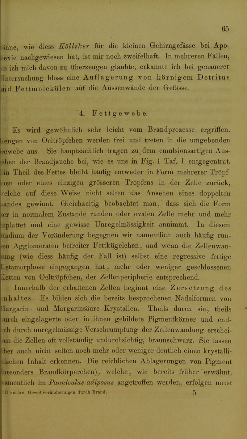 Ünne, wie diess Kölliker für die kleinen Gehirngefässe bei Apo- texie nachgewiesen hat, ist mir noch zweifelhaft. In mehreren Fällen, CO ich mich davon zu überzeugen glaubte, erkannte ich bei genauerer 'Intersuchung bloss eine Auflagerung von körnigem Detritus md Fettmolekülen auf die Aussenwände der Gefässe. '4, Fettgewebe. Es wird gewöhnlich sehr leicht vom Brandprozesse ergrifien. lengen von Oelti'öpfchen werden frei und treten in die umgebenden rewebe aus. Sie hauptsächlich tragen zu, dem emulsionsartigen Aus- 'öhen der Brandjauche bei, wie es uns in Fig. 1 Taf. 1 entgegentrat, jiin Theil des Fettes bleibt häufig entweder in Form mehrerer Tröpf- iien oder eines einzigen grösseren Tropfens in der Zelle zurück, celche auf diese Weise nicht selten das Ansehen eines doppelten ;.andes gewinnt. Gleichzeitig beobachtet man, dass sich die Form eer in normalem Zustande runden oder ovalen Zelle mehr und mehr oplattet und eine gewisse Unregelmässigkeit annimmt. In diesem ttadium der Veränderung begegnen wir namentlich auch häufig run- den Agglomeraten befreiter Fettkügelchen, und wenn die Zellenw^an- lung (wie diess häufig der Fall ist) selbst eine regressive fettige lletamorphose eingegangen hat, mehr oder weniger geschlossenen iLetten von Oeltröpfchen, der Zellenperipherie entsprechend. Innerhalb der erhaltenen Zellen beginnt eine Zersetzung des Inhaltes. Es bilden sich die bereits besprochenen Nadelformen von llargarin- und Margarinsäure-Krystallen. Theils durch sie, theils lurch eingelagerte oder in ihnen gebildete Pigmentkörner und end- ich durch unregelmässige Verschrumpfung der Zellenwandung erschei- een die Zellen oft vollständig undurchsichtig, braunschwarz. Sie lassen hber auch nicht selten noch mehr oder weniger deutlich einen krystalli- lischen Inhalt erkennen. Die reichlichen Ablagerungen von Pigment 'besonders Brandkörperchen), welche, wie bereits früher'erwälnit, uamentlich im Panniculus adiposus angetroffen werden, erfolgen nieist Oemme, GewebTeränderungen durch Brand. ^