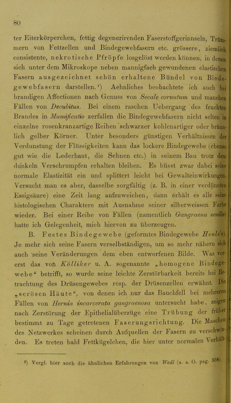 ter Eiterkörperchen, fettig degenerirenden FaserstofFgerinnseln, Trüm- mern von Fettzellen und Bindegewebfasern etc. grössere, ziemlich consistente, nekrotische Pfropfe losgelöst werden können, in denen sich unter dem Mikroskope neben mannigfach ge-wundenen elastischen Fasern ausgezeichnet schön erhaltene Bündel von Binde- gewebfasern darstellen.') Aehnliches beobachtete ich auch bei brandigen Affectionen nach Gonuss von Seeale cornutum und manchen Fällen von Decubitus. Bei einem raschen Uebergang des feuchten Brandes in Mumificatio zerfallen die Bindegewebfasern nicht selten in einzelne rosenkranzartige Reihen schwarzer kolilenartiger oder bräun- lich gelber Körner. Unter besonders günstigen Verhältnissen der Verdunstung der Flüssigkeiten kann das lockere Bindegewebe (ebenso gut wie die Lederhaut, die Sehnen etc.) in seinem Bau trotz dem dunkeln Verschrumpfen erhalten bleiben. Es büsst zwar dabei seine normale Elastizität ein und splittert leicht bei Gewalteinwirkungen. Versucht man es aber, dasselbe sorgfältig (z. B. in einer verdünnten Essigsäure) eine Zeit lang aufzuweichen, dann erhält es alle seine histologischen Charaktere mit Ausnahme seiner silberweissen Fad wieder. Bei einer Reihe von Fällen (namentlich Oangraena senj hatte ich Gelegenheit, mich hiervon zu überzeugen. B. Festes Bindegewebe (geformtes Bindegewebe JSenlJij- Je mehr sich seine Fasern verselbständigen, um so mehr nähern sicli auch seine Veränderungen dem eben entworfenen Bilde. Was vor- erst das voft Kölliker u. A. sogenannte „homogene Bindege- webe betrifft, so wurde seine leichte Zerstöi'barkeit bereits bei Be- trachtung des Drüsengewebes resp. der Drüsenzelleu erwähnt. D'^ „serösen Häute, von denen ich nur das Bauchfell bei meiireren Fällen von Hernia incarcerata gangraenosa untersucht habe, zeiff nach Zerstörung der Epithelialüberzüge eine Trübung der früli^' bestimmt zu Tage getretenen Faserungsrichtung. Die Mascbeu des Netzwerkes scheinen durch Aufquellen der Fasern zu verschwin- den. Es treten bald Fettkiigelchen, die hier unter normalen VerhSlt- *) Vergl. hier auch die ilhnlichen Erfahrungen von Wedl (a. a. 0. pag 358).