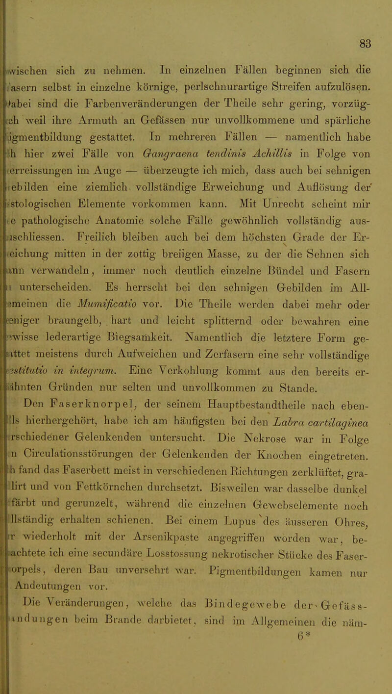 wischen sich zu nehmen. In einzehien Fällen beginnen sich die /asern selbst in einzelne körnige, perlschnurartige Streifen aufzulösen. ':*abei sind die Farbenveränderungen der Theile sehr gering, vorzüg- ich weil ihre Armuth an Gefässen nur unvollkommene und spärliche igmentbildung gestattet. In mehreren Fällen — namentlich habe Ii hier zWei Fälle von Oangraena tendinis Achillis in Folge von •) erreissungen im Auge — überzeugte ich mich, dass auch bei sehnigen obilden eine ziemlich vollständige Erweichung und Auflösung der -stologischen Elemente vorkommen kann. Mit Unrecht scheint mir te pathologische Anatomie solche Fälle gewöhnlich vollständig aus- laschliessen. Freilich bleiben auch bei dem höchsten Grade der Er- ■ eichung mitten in der zottig breiigen Masse, zu der die Sehnen sich iinn verwandeln, immer noch deutlich einzelne Bündel und Fasern II unterscheiden. Es herrscht bei den sehnigen Gebilden im All- lemeinen die Mumificatio vor. Die Theile werden dabei mehr oder peniger braungelb, hart und leicht splitternd oder bewahren eine '^wisse lederartige Biegsamkeit. Namentlich die letztere Foi-m ge- uttet meistens durch Aufweichen und Zerfasern eine sehr vollständige t^stitutio in mtegrum. Eine Verkohlung kommt aus den bereits er- iahnten Gründen nur selten und unvollkommen zu Stande. Den Faserknorpel, der seinem Hauptbestandtheile nach eben- (Is hierhergehört, habe ich am häufigsten bei den Labra cartilaginea rrschiedener Gelenkenden untersucht. Die Nekrose war in Folge :n Circulationsstörungen der Gelenkenden der Knochen eingetreten, h fand das Faserbett meist in verschiedenen Richtungen zerklüftet, gra- lürt und von Fettkörnchen durchsetzt. Bisweilen war dasselbe dunkel ffärbt und gerunzelt, während die einzelnen Gewebselemcntc noch Iiiständig erhalten schienen. Bei einem Lupus \les äusseren Ohres, rr wiederholt mit der Arsenikpaste angegritfeii worden war, be- aachtete ich eine secundäre Losstossung nekrotischer Stücke des Faser- oorpels, deren Bau unversehrt Avar. Pigmentbildungen kamen nur Andeutungen vor. Die Veränderungen, welche das Bindegewebe der-Gefäss- lundungen beim Brande darbietet, sind im Allgemeinen die näm- i 6*