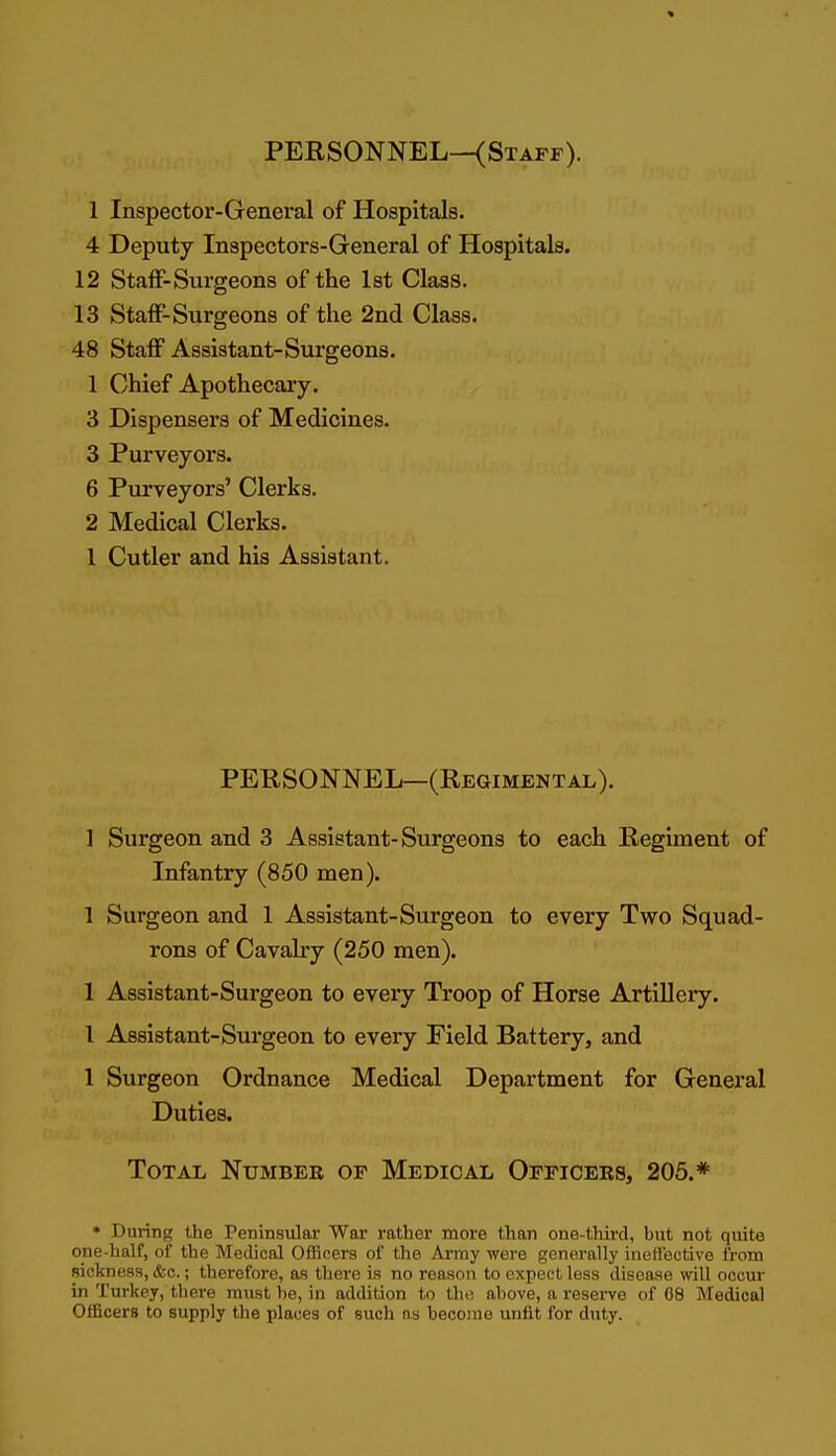 PERSONNEL—(Staff). 1 Inspector-General of Hospitals. 4 Deputy Inspectors-General of Hospitals. 12 StaiF-Surgeons of the 1st Class. 13 Staff-Surgeons of the 2nd Class. 48 Staff Assistant-Surgeons. 1 Chief Apothecary. 3 Dispensers of Medicines. 3 Purveyors. 6 Purveyors' Clerks. 2 Medical Clerks. 1 Cutler and his Assistant. PERSONNEL—(Regimental). ] Surgeon and 3 Assistant-Surgeons to each Regiment of Infantry (850 men). 1 Surgeon and 1 Assistant-Surgeon to every Two Squad- rons of Cavalry (250 men). 1 Assistant-Surgeon to every Troop of Horse Artillery. 1 Assistant-Surgeon to every Field Battery, and 1 Surgeon Ordnance Medical Department for General Duties. Total Number of Medical Officers, 205.* • During the Peninsular War rather more than one-third, but not quite one-half, of the Medical GfRoers of the Army were generally ineH'ective from sickness, &c.; therefore, as there is no reason to expect loss disease will occur in Turkey, there must he, in addition to the ahove, a reserve of 08 Medical Officers to supply the places of such as become unfit for duty.