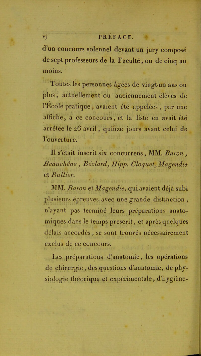 d'un concours solennel devant un jury composé de sept professeurs de la Faculté, ou de cinq au moins. Toutes les personnes âgées de vingt-un ans ou plus, actuellement ou anciennement élèves de l'Ecole pratique, avaient été appelées , par une affiche, a ce concours, et la liste en avait été arrêtée le ^6 avril, quinze jours avant celui de l'ouverture. Il s'était inscrit six concurrens, MM. Baron , Beauchêne j Béclardj Hipp. Cloquet, Magendie et Ru Hier. MM. Baron çl Magendie, qui avaient déjà subi jÇlusieurs épreuves avec une grande distinction , n'ayant pas terminé leurs préparations analo- miques dans le temps prescrit, et après quelques délais accordés, se sont trouvés nécessairement exclus de ce concours. Les préparation? d'anatomie, les opérations de chirurgie, des questions d'anatomie, de phy- siologie théorique et expérimentale, d'hygiène-