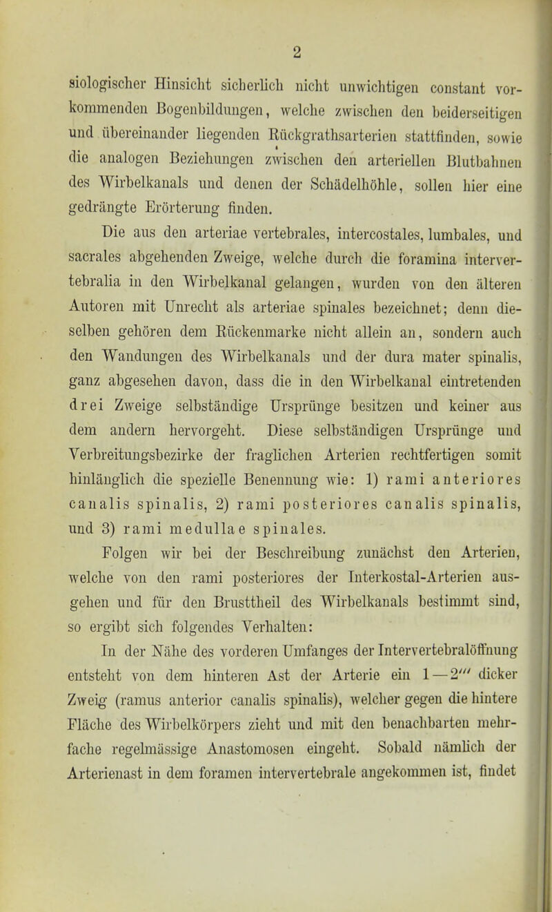 Biologischer Hinsicht sicherlich nicht unwichtigen constant vor- kommenden Bogenbildungen, welche zwischen den beiderseitigen und übereinander liegenden Rückgrathsarterien stattfinden, sowie die analogen Beziehungen zwischen den arteriellen Blutbali neu des Wirbelkanals und denen der Schädelhöhle, sollen hier eine gedrängte Erörterung finden. Die aus den arteriae vertebrales, intercostales, lumbales, und sacrales abgehenden Zweige, welche durch die foramina interver- tebralia in den Wirbelkanal gelangen, wurden von den älteren Autoreu mit Unrecht als arteriae spinales bezeichnet; denn die- selben gehören dem Rückenmarke nicht allein an, sondern auch den Wandungen des Wirbelkanals und der dura mater spinalis, ganz abgesehen davon, dass die in den Wirbelkanal eintretenden drei Zweige selbständige Ursprünge besitzen und keiner aus dem andern hervorgeht. Diese selbständigen Ursprünge und Verbreitungsbezirke der fraglichen Arterien rechtfertigen somit hinlänglich die spezielle Benennung wie: 1) rami anteriores canalis spinalis, 2) rami posteriores canalis spinalis, und 3) rami medullae spinales. Folgen wir bei der Beschreibung zunächst den Arterien, welche von den rami posteriores der Interkostal-Arterien aus- gehen und für den Brusttheil des Wirbelkanals bestimmt sind, so ergibt sich folgendes Verhalten: In der Nähe des vorderen Umfanges der Intervertebralöffnung entsteht von dem hinteren Ast der Arterie ein 1 — 2' dicker Zweig (ramus anterior canalis spinalis), welcher gegen die hintere Fläche des Wirbelkörpers zieht und mit den benachbarten mehr- fache regelmässige Anastomosen eingeht. Sobald nämlich der Arterienast in dem foramen intervertebrale angekommen ist, findet