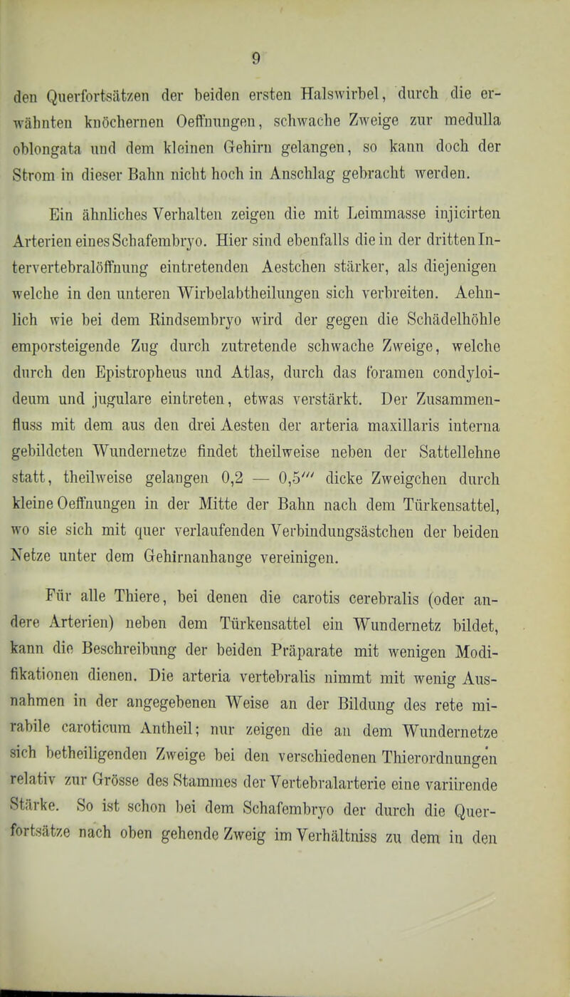 den Querfortsätzen der beiden ersten Halswirbel, durch die er- wähnten knöchernen Oeft'nungen, schwache Zweige zur medulla öblongata und dem kleinen Gehirn gelangen, so kann doch der Strom in dieser Bahn nicht hoch in Anschlag gebracht werden. Ein ähnliches Verhalten zeigen die mit Leimmasse injicirten Arterien eines Schafembryo. Hier sind ebenfalls die in der dritten Li- ter vertebralöffnung eintretenden Aestchen stärker, als diejenigen welche in den unteren Wirbelabtheilungen sich verbreiten. Aehn- lich wie bei dem Kindsembryo wird der gegen die Schädelhöhle emporsteigende Zug durch zutretende schwache Zweige, welche durch den Epistropheus und Atlas, durch das foramen condyloi- deum und jugulare eintreten, etwas verstärkt. Der Zusammen- fluss mit dem aus den drei Aesten der arteria maxillaris interna gebildeten Wundernetze findet theilweise neben der Sattelleline statt, theilweise gelangen 0,2 — 0,$' dicke Zweigchen durch kleine Oeffnungen in der Mitte der Bahn nach dem Türkensattel, wo sie sich mit quer verlaufenden Verbindungsästchen der beiden Netze unter dem Gehirnanhange vereinigen. Für alle Thiere, bei denen die carotis cerebralis (oder an- dere Arterien) neben dem Türkensattel ein Wundernetz bildet, kann die Beschreibung der beiden Präparate mit wenigen Modi- fikationen dienen. Die arteria vertebralis nimmt mit wenig Aus- nahmen in der angegebenen Weise an der Bildung des rete mi- rabile caroticum Antheil; nur zeigen die an dem Wundernetze sich betheiligenden Zweige bei den verschiedenen Thierordnungen relativ zur Grösse des Stammes der Vertebralarterie eine variirende itärke. So ist schon bei dem Schafembryo der durch die Quer- fortsätze nach oben gehende Zweig im Verhältniss zu dem in den