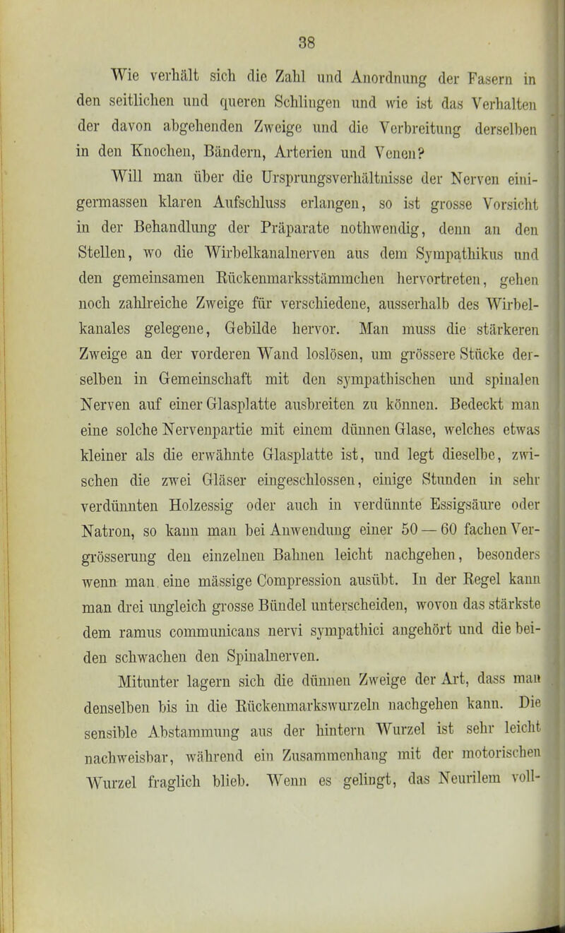 Wie verhält sich die Zahl und Anordnung der Fasern in den seitlichen und queren Schlingen und wie ist das Verhalten der davon abgehenden Zweige und die Verbreitung derselben in den Knochen, Bändern, Arterien und Venen? Will man über die Ursprungsverhältnisse der Nerven ein i— germassen klaren Aufschluss erlangen, so ist grosse Vorsicht in der Behandlung der Präparate nothwendig, denn an den Stellen, wo die Wirbelkanalnerven aus dem Sympathikus und den gemeinsamen Eückenmarksstämmchen hervortreten, gehen noch zahlreiche Zweige für verschiedene, ausserhalb des Wirbel- kanales gelegene, Gebilde hervor. Man muss die stärkeren Zweige an der vorderen Wand loslösen, um grössere Stücke der- selben in Gemeinschaft mit den sympathischen und spinalen Nerven auf einer Glasplatte ausbreiten zu können. Bedeckt man eine solche Nervenpartie mit einem dünnen Glase, welches etwas kleiner als die erwähnte Glasplatte ist, und legt dieselbe, zwi- schen die zwei Gläser eingeschlossen, einige Stunden in sehr verdünnten Holzessig oder auch in verdünnte Essigsäure oder Natron, so kann man bei Anwendung einer 50 — 60 fachen Ver- grösserung den einzelnen Bahnen leicht nachgehen, besonders wenn man. eine mässige Compression ausübt. In der Regel kann man drei ungleich grosse Bündel unterscheiden, wovon das stärkste dem ramus communicans nervi sympathici angehört und die bei- den schwachen den Spinalnerven. Mitunter lagern sich die dünnen Zweige der Art, dass man denselben bis in die Rückenmarkswurzeln nachgehen kann. Die sensible Abstammung aus der hintern Wurzel ist sehr leicht nachweisbar, während ein Zusammenhang mit der motorischen Wurzel fraglich blieb. Wenn es gelingt, das Neurilem voll-