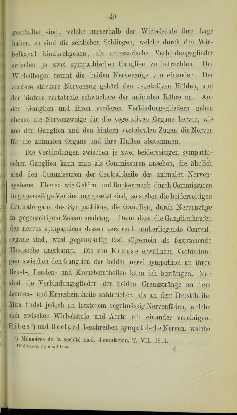 geschaltet sind, welche ausserhalb der Wirbelsäule ihre Lage haben, so sind die seitlichen Schlingen, welche durch den Wir- belkanal hindurchgehen, als accessorische Verbindungsglieder zwischen je zwei sympathischen Ganglien zu betrachten. Der Wirbelbogen trennt die beiden Nervenzüge von einander. Der vordere stärkere Nervenzug gehört den vegetativen Höhlen, und der hintere veitebrale schwächere der animalen Röhre an. Air den Ganglien und ihren vorderen Verbindungsgliedern gehen ebenso die Nervenzweige für die vegetativen Organe hervor, wie aus den Gauglien und den hintern vertebralen Zügen die Nerven für die animalen Organe und ihre Hüllen abstammen. Die Verbindungen zwischen je zwei beiderseitigen sympathi- scheu Ganglien kann man als Commissuren ansehen, die ähnlich sind den Commissuren der Centraltheile des animalen Nerven- systems. Ebenso wie Gehirn und Rückenmark durch Commissuren in gegenseitige Verbindung gesetzt sind, so stehen die beiderseitigen Centraiorgane des Sympathikus, die Ganglien, durch Nervenzüge in gegenseitigem Zusammenhang. Denn dass die Ganglienhaufen des nervus sympathicus dessen zerstreut umherliegende Centrai- organe sind, wird gegenwärtig fast allgemein als feststehende I Thatsache anerkannt. Die von Krause erwähnten Verbindun- gen zw ischen den Ganglien der beiden nervi sympathici an ihren I Brust-, Lenden- und Kreuzbeintheilen kann ich bestätigen. Nur « sind die Verbindungsglieder der beiden Grenzstränge an dem I Lenden- und Kreuzbeintheile zahlreicher, als an dem Brusttheile. 4 Man findet jedoch an letzterem regelmässig Nervenfäden, welche ■ sich zwischen Wirbelsäule und Aorta mit einander vereinigen. jßibes1) und Beclard beschreiben sympathische Nerven, welche ») Memoires de la societo med. d'emulation. T. VII. 1811. Uiirlinpiors. Sympnthinis. t