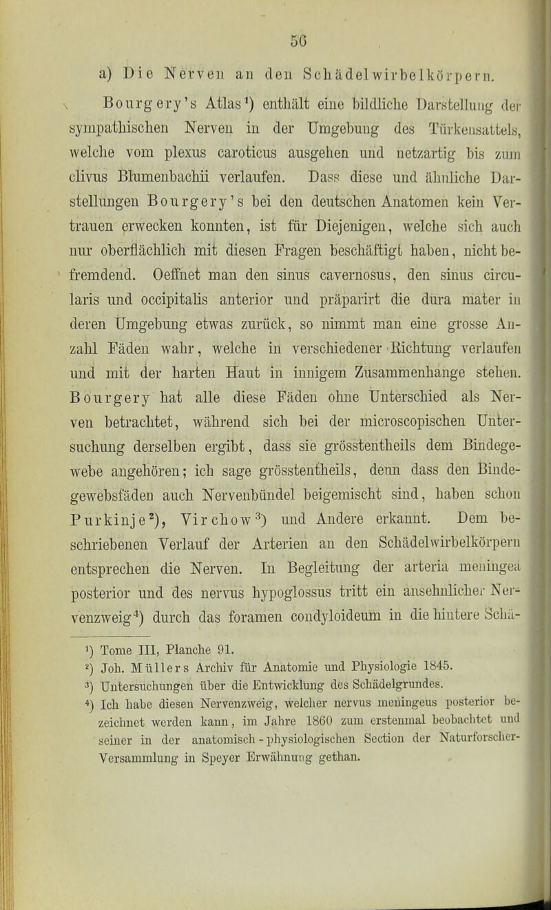 5G a) Die Nerven an den Schädelwirbelkörpern. Bourgery's Atlas1) enthält eine bildliche Darstellung der sympathischen Nerven in der Umgebung des Türkensaltels, welche vom plexus caroticus ausgehen und netzartig bis zum clivus Blumenbachii verlaufen. Dass diese und ähnliche Dar- stellungen Bourgery's bei den deutschen Anatomen kein Ver- trauen erwecken konnten, ist für Diejenigen, welche sich auch nur oberflächlich mit diesen Fragen beschäftigt haben, nicht be- fremdend. Oeffnet man den sinus cavernosus, den sinus circu- laris und occipitalis anterior und präparirt die dura mater in deren Umgebung etwas zurück, so nimmt man eine grosse An- zahl Fäden wahr, welche in verschiedener Richtung verlaufen und mit der harten Haut in innigem Zusammenhange stehen. Bourgery hat alle diese Fäden ohne Unterschied als Ner- ven betrachtet, während sich bei der microscopischen Unter- suchung derselben ergibt, dass sie grösstenteils dem Bindege- webe angehören; ich sage grösstenteils, denn dass den Binde- gewebsfäden auch Nervenbündel beigemischt sind, haben schon Purkinje2), Virchow3) und Andere erkannt. Dem be- schriebenen Verlauf der Arterien an den Schädelwirbelkörpeni entsprechen die Nerven. In Begleitung der arteria menihgeä posterior und des nervus hypoglossus tritt ein ansehnlicher Ner- venzweig4) durch das foramen condyloideum in die hintere Sclni- 1) Tome III, Planche 91. *) Joh. Müllers Archiv für Anatomie und Physiologie 1845. 3) Untersuchungen über die Entwicklung des Schädelgrundes. 4) Ich habe diesen Nervenzweig, welcher nervus meningeus posterior be- zeichnet werden kann, im Jahre 1860 zum erstenmal beobachtet und seiner in der anatomisch - physiologischen Scction der Naturforscher- Versammlung in Speyer Erwähnung gethan.