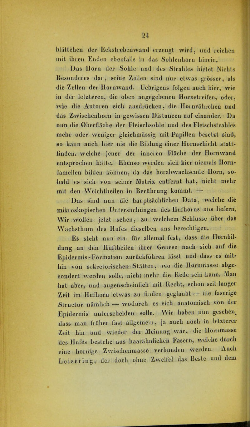 blällchcn dor Eckslrcbeuwand erzeugt wird, und reichen inil iliren Eiuleii ebenfalls in das Solilenborn bliieiii. Das Horn der Sohle und des Strahles bietet Nichts Besonderes dar, si;inc Zellen sind nur etwas grösser, als die Zellen der Ilornvvand. Uebrigcns folgen auch hier, wie in der letzteren, die oben angegebenen Hornslrcifen, oder, wie die Autoren sich ausdrücken, die Iloruröhrcheu und das Zwischcuhorn in gewissen Distanccn auf einander. Da nun die Oberfläche der Fleischsohle und des Fleischslrahles mehr oder weniger gleichmässig mit Papillen besetzt sind, so kann auch hier nie die Bildung einer Hornschicht statt- finden, welche jener der inneren Fläche der Hornwand entsprochen hätte. Ebenso werden sich hier niemals Horn- lamellea bilden können, da das herabwaehscude Horn, so- bald es sich von seiner Matrix entfernt hat, nicht mehr mit den Weichtheilcn in Berührung kommt. — Das sind nun die hauptsächlichen Data, welche die mikroskopischen Untersuchungen des Hufhorns uns liefern. Wir wollen jetzt sehen, zu welchem Schlüsse über das VVachsthum des Hufes dieselben uns berechtigen. Es steht nun ein- für allemal fest, dass die Hornbil- dung an den Huflheilen ihrer Geuese nach sich auf die Epidermis-Formalion zurückführen lässl und dass es mit- hin von SLkrelorischeu Ställen, wo die Hornmassc abge- sondert werden solle, nicht mehr die Rede sein kann. Man hat aber, und augenscheinlich mit Recht, schon seit lauger Zeit im Hufhorn etwas zu fiudcn geglaubt — die faserige Structur nämlich — wodurch es sich anatomisch von der Epidermis unterscheiden solle. Wir haben nun gesehen^ dass mau früher fast allgemeiu, ja auch noch in letzterer Zeit hin und wieder der Meinung war, die Honiraassc des Hufes bestehe aus haarähnlichen Fasern, welche durch eine hornige Zwischeumassc verbunden werden. Auch Leiseriug, der doch ohne Zweifel das Beste uud dem