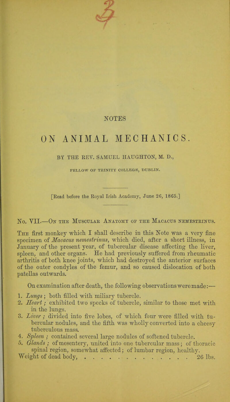 NOTES ON ANIMAL MECHANICS. BY THE REV. SAMUEL HAUGHTON, M. D., FELLOW OF TRINITY COLLEGK, DUBLIN. [Read before the Royal Irish Academy, June 26, 1865.] No. VII.—On the Mttsculah Anatomy op the Macacus nemesteintts. The first monkey wMcii I shall describe in this Note was a very fine specimen of Macacus nemestrinus, which died, after a short iUness, in January of the present year, of tubercular disease afi'ecting the liver, spleen, and other organs. He had previously suffered from rheumatic arthritis of both knee joints, which had destroyed the anterior surfaces of the outer condyles of the femur, and so caused dislocation of both pateUas outwards. On examination after death, the following observations were made:— 1. Lungs ; both filled with miliary tubercle. 2. Heart; exhibited two specks of tubercle, similar to those met with in the lungs. 3. Liver; divided into five lobes, of which four were filled with tu- bercular nodules, and the fifth was wholly converted into a cheesy tuberculous mass. 4. Spleen ; contained several large nodules of softened tubercle. 5. Glands ; ofmesentciy, united into one tubercular mass; of thoracic spinal region, somewhat affected; of lumbar region, licaltliy. Weight of dead body, 26 lbs.
