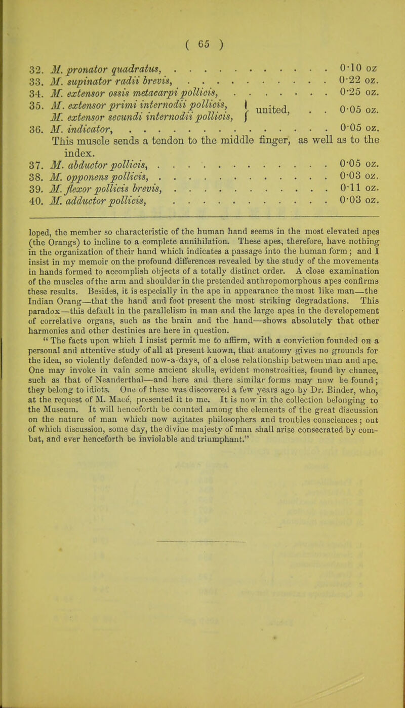 32. M. pronator quadratus, 0-10 oz 33. M. supmator radii brevis, 0-22 oz. 34. M. extensor ossis metacarpi poUicis, 0'25 oz. 35. M. extensorprimiinternodiipoUicis, \ ^^^^g^ 0-05 oz M. extensor secundi internodii pollicis, f > • • 36. AT. indicator, 0-05 oz. This muscle sends a tendon to the middle finger, as well as to the index. 37. M. adductor poUicis, 0*05 oz. 38. M. opponetis poUicis, 0*03 oz. 39. M. ^exor poUicis brevis, 0-11 oz. 40. If. adductor poUicis, 0'03 oz. loped, the member so characteristic of the human hand seems in the most elevated apes (the Orangs) to incline to a complete annihilation. These apes, therefore, have nothing in the organization of their hand which indicates a passage into the human form ; and I insist in my memoir on the profound differences revealed by the study of the movements in hands formed to accomplish objects of a totally distinct order. A close examination of the muscles of the arm and shoulder in the pretended anthropomorphous apes confirms these results. Besides, it is especially in the ape in appearance the most like man—the Indian Orang—that the hand and foot present the most striking degradations. This paradox—this default in the parallelism in man and the large apes in the developement of correlative organs, such as the brain and the hand—shows absolutely that other harmonies and other destinies are here in question.  The facts upon which I insist permit me to affirm, with a conviction founded on a personal and attentive study of all at present known, that anatomy gives no grounds for the idea, so violently defended now-a-days, of a close relationship between man and ape. One may invoke in vain some ancient skulls, evident monstrosities, found bj' chance, such as that of Neanderthal—and here and there similar forms may now be found; they belong to idiots. One of these was discovered a few years ago by Dr. Binder, who, at the request of M. Mace, presented it to me. It is now in the collection belonging to the Museum. It will henceforth be counted among the elements of the great discussion on the nature of man which now agitates philosophers and troubles consciences; out of which discussion, some day, the divine majesty of man shall arise consecrated by com- bat, and ever henceforth be inviolable and triumphant.